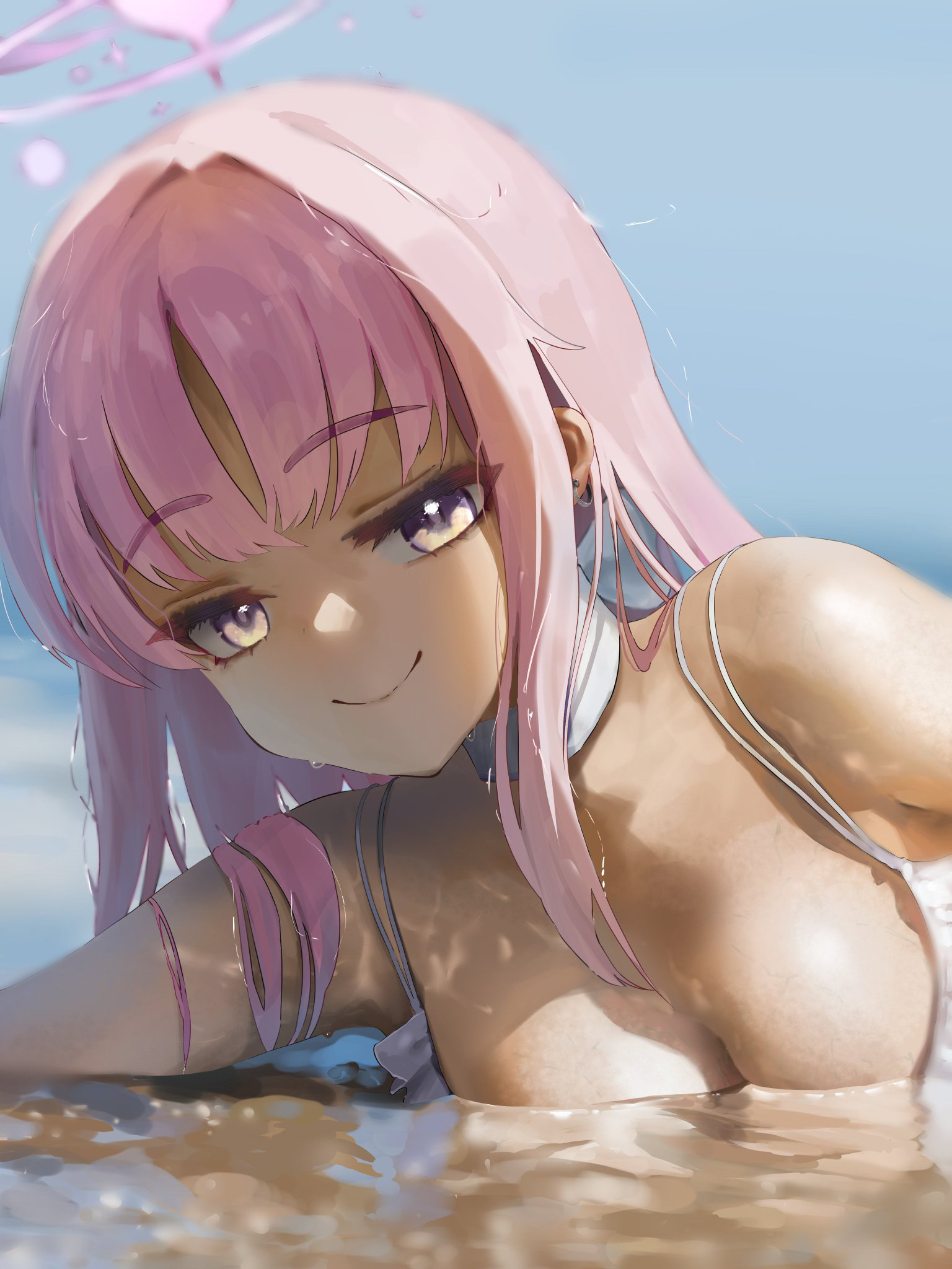 aoteka, mika (blue archive), mika (swimsuit) (blue archive), blue archive, commentary, highres, 1girl, breasts, closed mouth, day, earrings, halo, jewelry, large breasts, looking at viewer, official alternate costume, outdoors, pink hair, pink halo, smile, solo, water, wet, yellow eyes