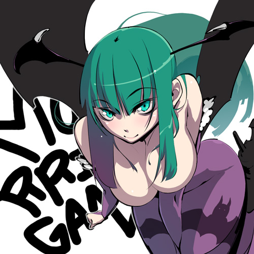 gun zi (i&eyes), morrigan aensland, capcom, darkstalkers, lowres, 1girl, animal print, bat print, breasts, cleavage, demon girl, female focus, head wings, large breasts, pantyhose, print pantyhose, solo, wings