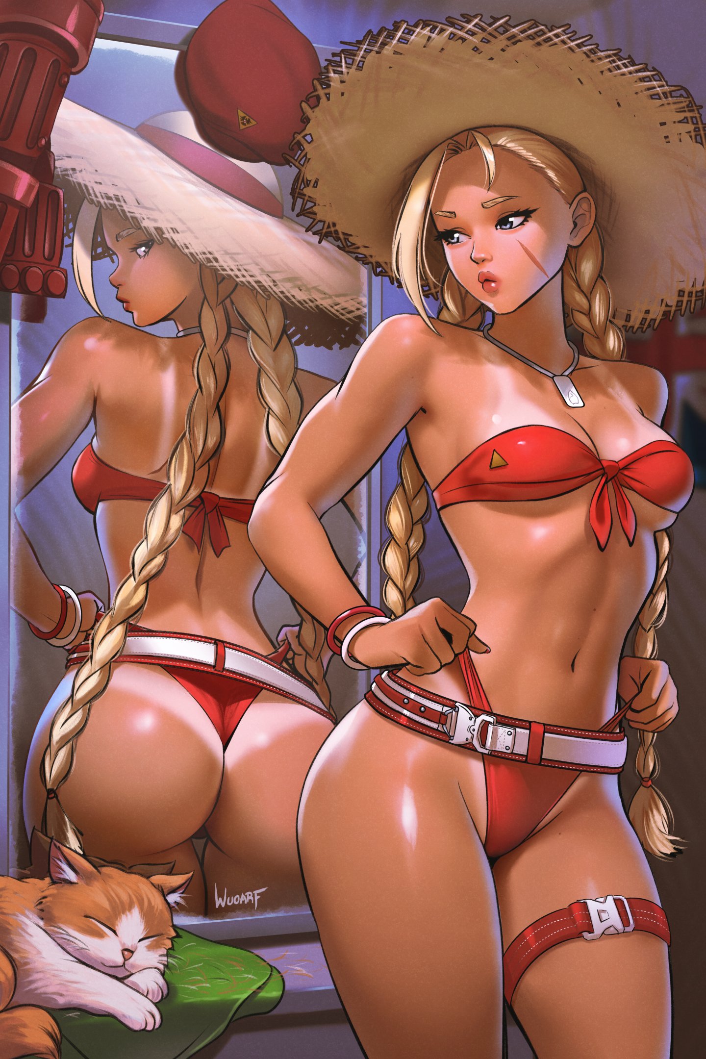 wuoarf, cammy white, street fighter, street fighter 6, commentary, commission, english commentary, highres, revision, 1girl, animal, artist name, ass, bangle, belt, beret, bikini, bikini tan, blonde hair, blue eyes, bracelet, braid, breasts, cat, cowboy shot, dark-skinned female, dark skin, dog tags, facial scar, front-tie bikini top, front-tie top, gloves, hat, highleg, highleg bikini, jewelry, looking at mirror, looking at self, looking back, low twin braids, medium breasts, mirror, multiple bracelets, navel, official alternate costume, red bikini, red gloves, red hat, reflection, scar, scar on cheek, scar on face, standing, strapless, strapless bikini, straw hat, sun hat, swimsuit, tan, tanline, thigh belt, thigh gap, thigh strap, thinking, thong bikini, toned, toned female, twin braids, unworn gloves, unworn hat, unworn headwear, white belt