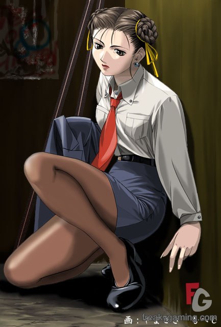 chun-li, capcom, street fighter, 1girl, black shoes, breast pocket, brown hair, female focus, jacket, necktie, pantyhose, pencil skirt, pocket, shirt, shoes, skirt, solo, unworn jacket