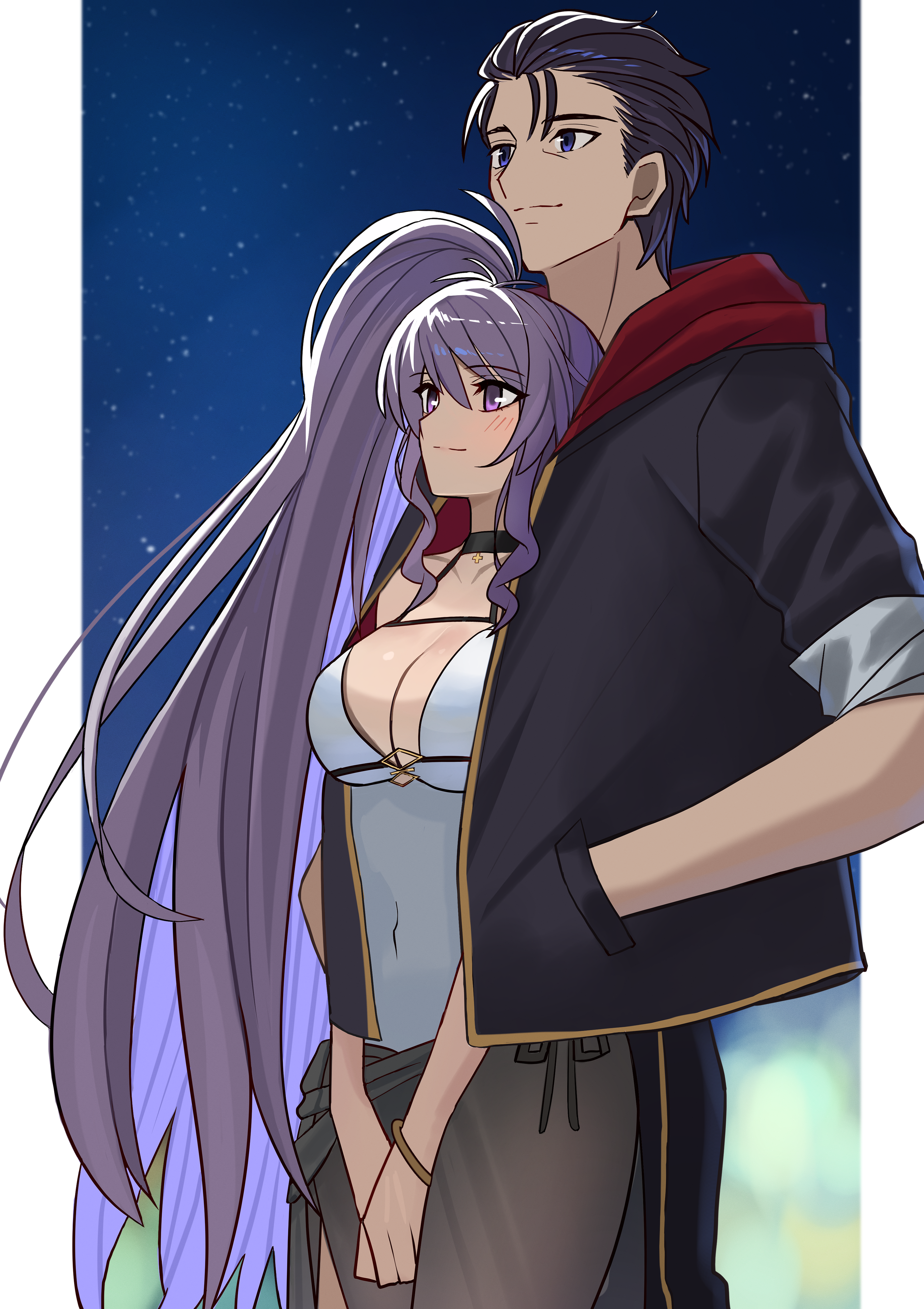 shintyoi2, ishtar (fire emblem), reinhardt (fire emblem), fire emblem, fire emblem: genealogy of the holy war, fire emblem: thracia 776, nintendo, absurdres, commission, commissioner upload, highres, 1boy, 1girl, black hair, couple, hood, hoodie, long hair, night, night sky, purple eyes, purple hair, sky, star (sky), starry sky, swimsuit