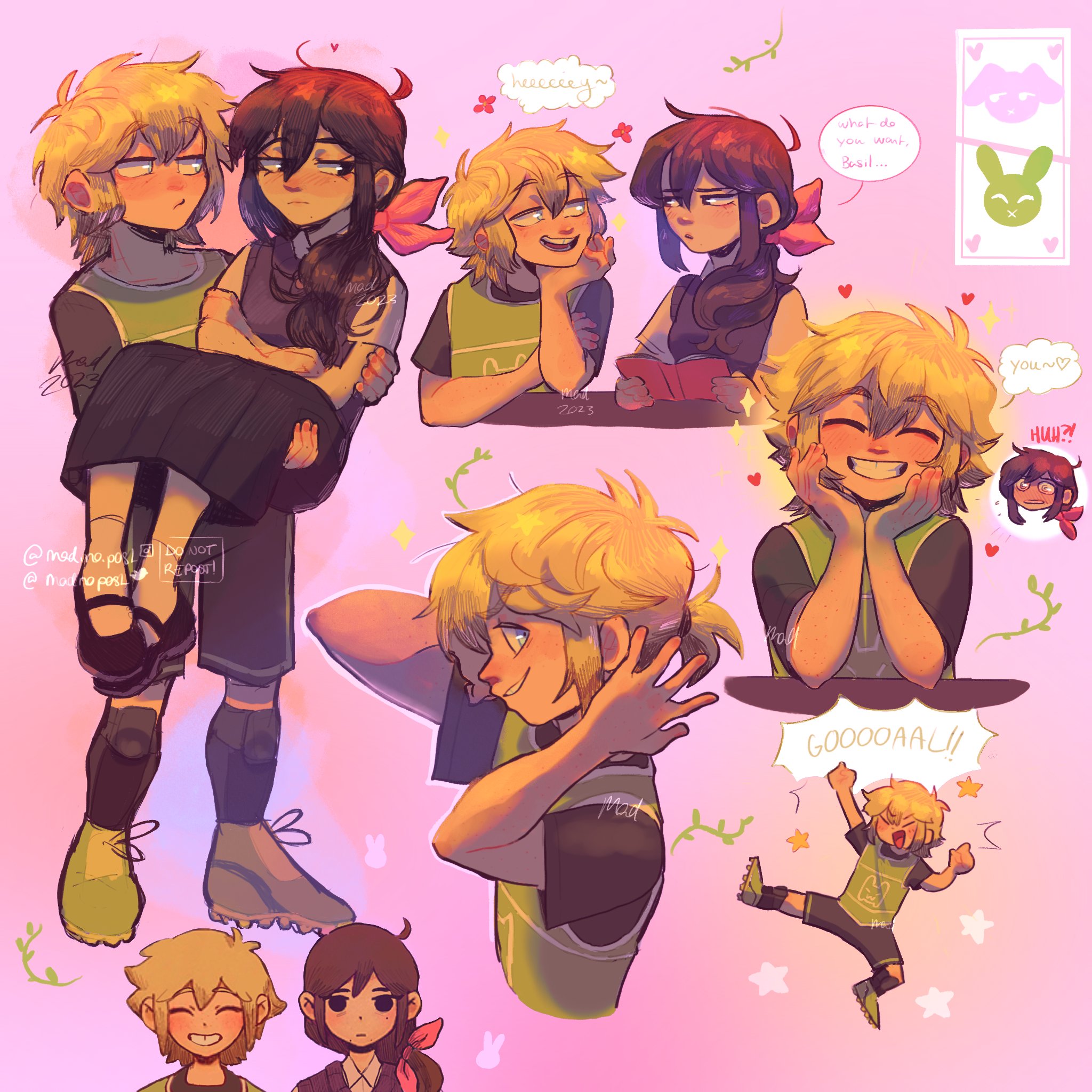madnopost, aubrey (faraway) (omori), aubrey (omori), basil (faraway) (omori), basil (omori), omori, highres, 1boy, 1girl, alternate costume, alternate hair color, alternate hairstyle, alternate universe, antenna hair, black shoes, black sweater vest, blonde hair, blue eyes, book, chibi, chibi inset, cleats, closed eyes, collared shirt, crossed arms, english text, green shoes, grin, hair ribbon, hand on own chin, hands on own cheeks, hands on own face, heart, holding, holding book, instagram username, long hair, looking at another, low ponytail, omocat (style), open mouth, pink background, pink ribbon, ponytail, ribbon, shirt, shoes, short hair, short ponytail, short sleeves, smile, socks, speech bubble, sweater vest, talking, teeth, twitter username, upper teeth only, white shirt, white socks
