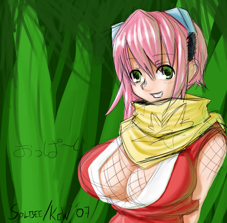 solbee, izuna (gouma reifuden izuna), gouma reifuden izuna, breasts, cleavage, fishnet top, fishnets, goggles, green eyes, huge breasts, large breasts, ninja, pink hair, scarf, solo