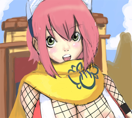 solbee, izuna (gouma reifuden izuna), gouma reifuden izuna, lowres, 1girl, breasts, cleavage, female focus, fishnet top, fishnets, huge breasts, large breasts, looking at viewer, ninja, pink hair, solo