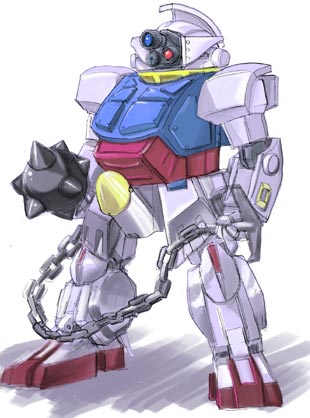 scopedog, gundam, soukou kihei votoms, turn a gundam, lowres, ball and chain (weapon), crossover, mecha, parody, robot, weapon
