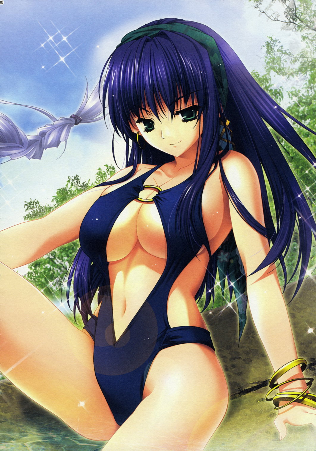 kamishiro midorimaru, hrist valkyrie, valkyrie profile (series), valkyrie profile 2: silmeria, highres, 1girl, arm support, blue eyes, blue hair, breasts, casual one-piece swimsuit, female focus, green eyes, long hair, matching hair/eyes, one-piece swimsuit, sitting, solo, swimsuit, underboob