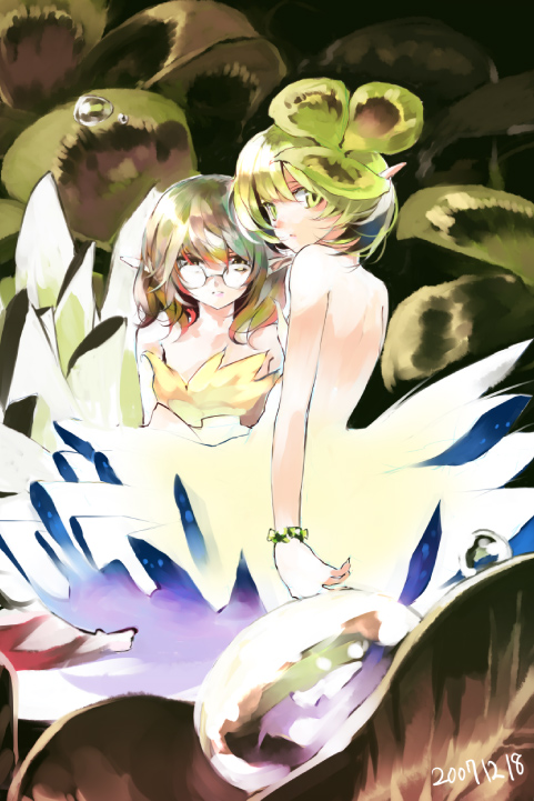mo, shunsei (muratou), glasses, green eyes, green hair, pointy ears