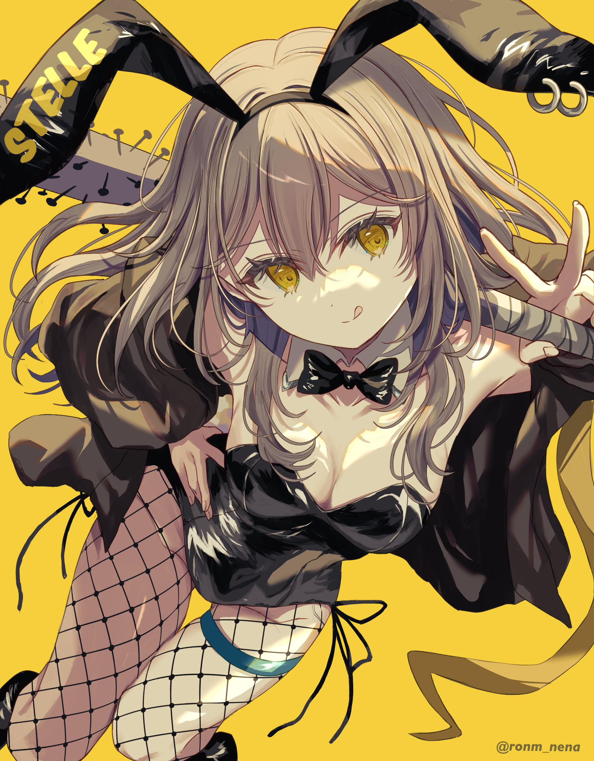 yuma (mron 322), stelle (honkai: star rail), trailblazer (honkai: star rail), honkai: star rail, honkai (series), absurdres, highres, 1girl, animal ears, baseball bat, black bow, black bowtie, black jacket, black leotard, black shoes, bow, bowtie, breasts, character name, detached collar, fake animal ears, fishnet pantyhose, fishnets, from above, grey hair, hand on own hip, holding, holding baseball bat, holding with gesture, jacket, leotard, licking lips, long hair, looking at viewer, medium breasts, nail (hardware), nail bat, over shoulder, pantyhose, playboy bunny, rabbit ears, shoes, side-tie leotard, simple background, smile, solo, strapless, strapless leotard, thigh strap, tongue, tongue out, twitter username, v, yellow background, yellow eyes