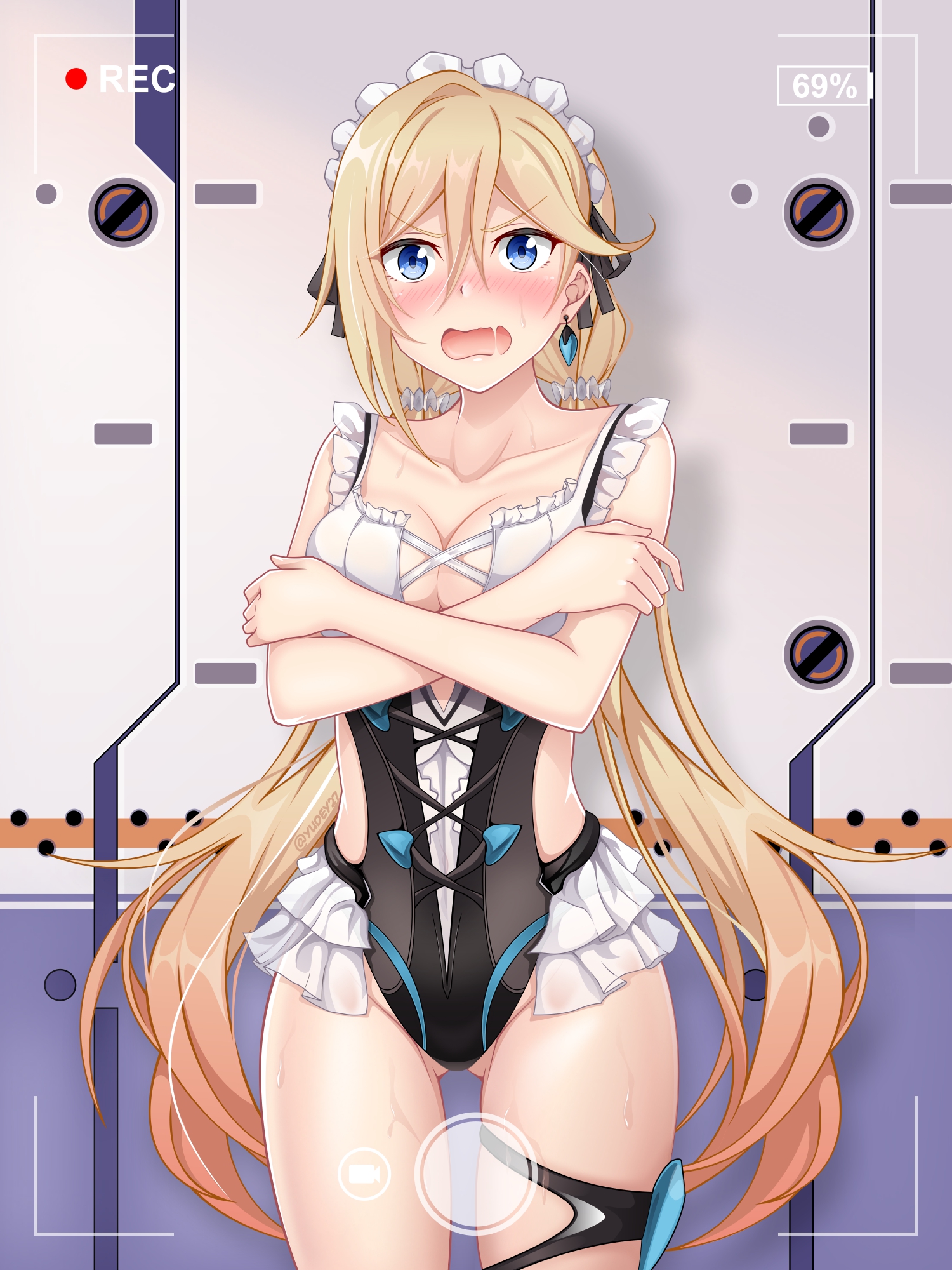 aramake, durandal (honkai impact), rita rossweisse, rita rossweisse (icy sea spray), rita rossweisse (phantom iron), honkai (series), honkai impact 3rd, highres, 1girl, blonde hair, blue eyes, breasts, cleavage, cosplay, covering breasts, covering privates, crossed arms, earrings, embarrassed, frilled one-piece swimsuit, frills, gluteal fold, jewelry, large breasts, long hair, maid, maid headdress, maid one-piece swimsuit, one-piece swimsuit, open mouth, rita rossweisse (cosplay), solo, swimsuit, unconventional maid, v-shaped eyebrows, very long hair, viewfinder
