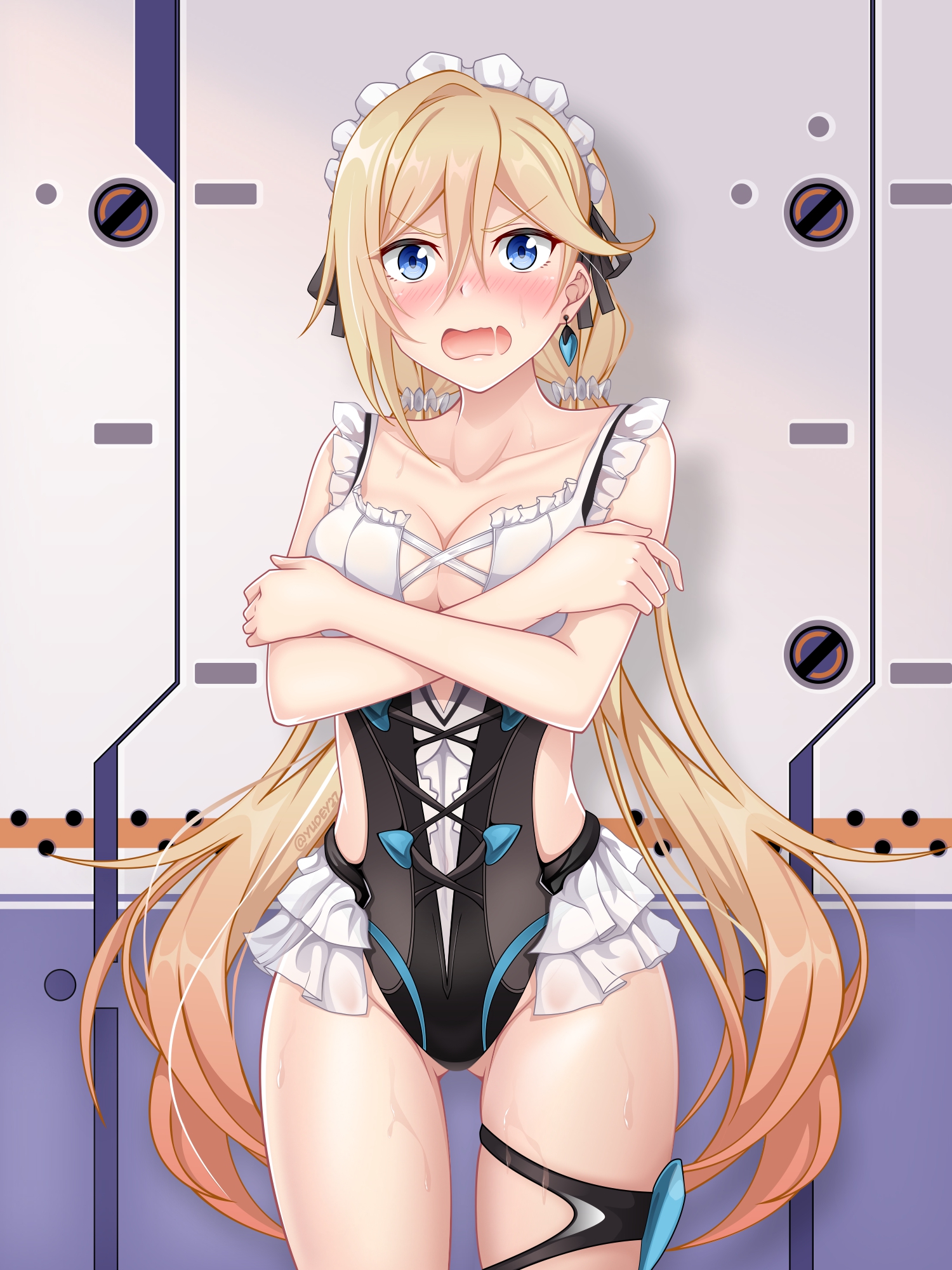 aramake, durandal (honkai impact), rita rossweisse, rita rossweisse (icy sea spray), rita rossweisse (phantom iron), honkai (series), honkai impact 3rd, highres, 1girl, blonde hair, blue eyes, breasts, cleavage, cosplay, covering breasts, covering privates, crossed arms, earrings, embarrassed, frilled one-piece swimsuit, frills, gluteal fold, jewelry, large breasts, long hair, maid, maid headdress, maid one-piece swimsuit, one-piece swimsuit, open mouth, rita rossweisse (cosplay), solo, swimsuit, unconventional maid, v-shaped eyebrows, very long hair