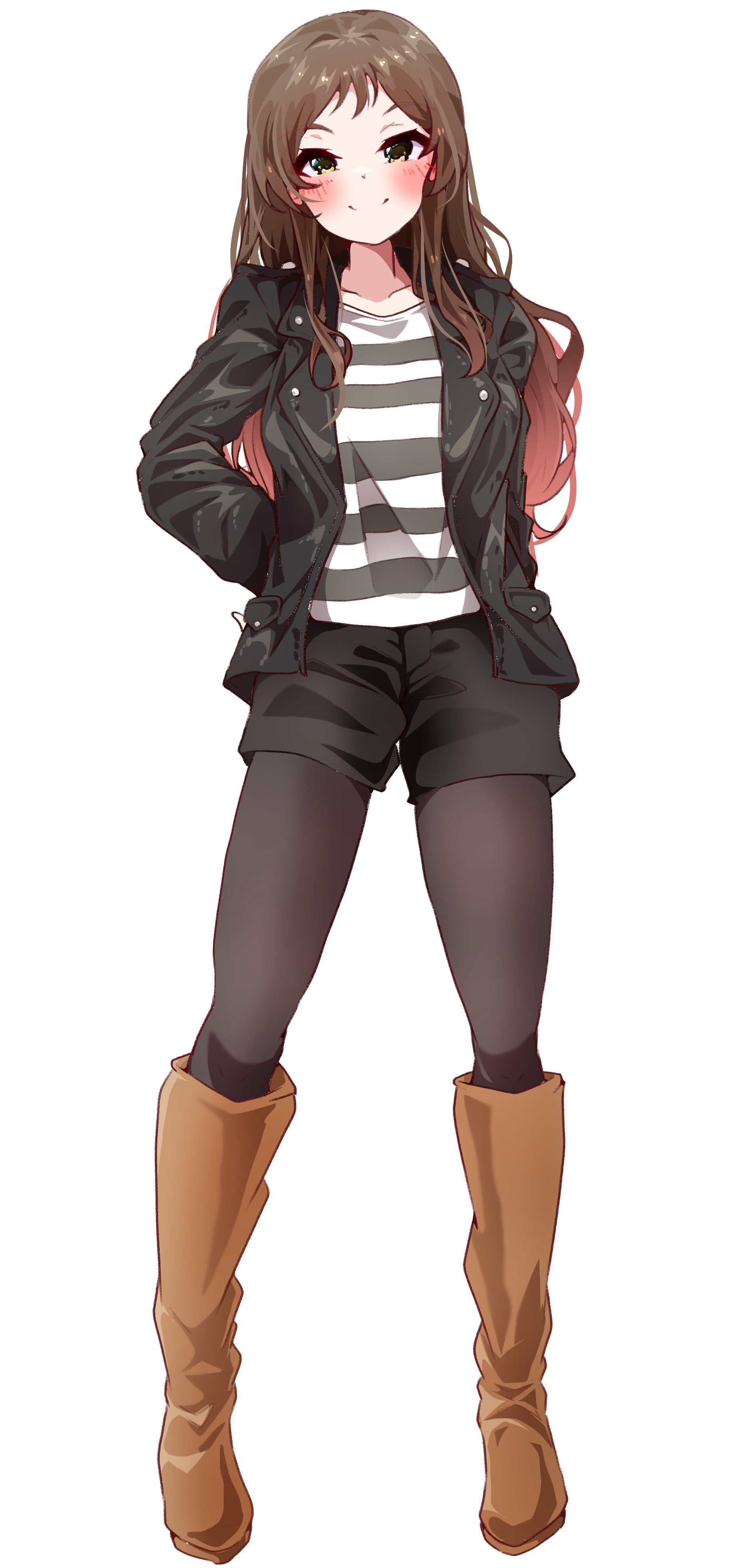 clark grimms, kitazawa shiho, idolmaster, idolmaster million live!, absurdres, highres, 1girl, black jacket, black pantyhose, black shorts, blush, boots, brown boots, brown eyes, brown hair, closed mouth, full body, hand on own hip, jacket, knee boots, lapels, leather, leather jacket, long hair, long sleeves, notched lapels, open clothes, open jacket, pantyhose, shirt, shorts, simple background, smile, solo, standing, striped clothes, striped shirt, white background