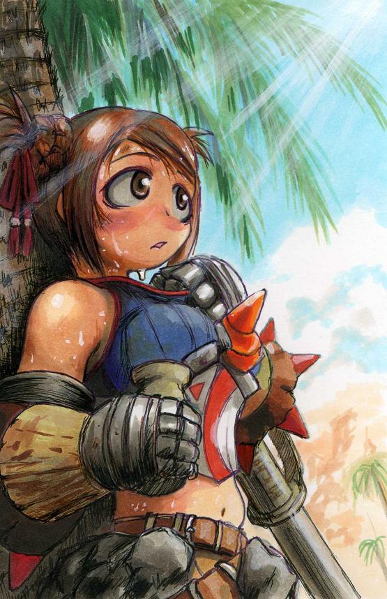 ibukichi, kuroobi (one piece), capcom, monster hunter (series), armor, breasts, desert, large breasts, palm tree, sun, sweat, tree