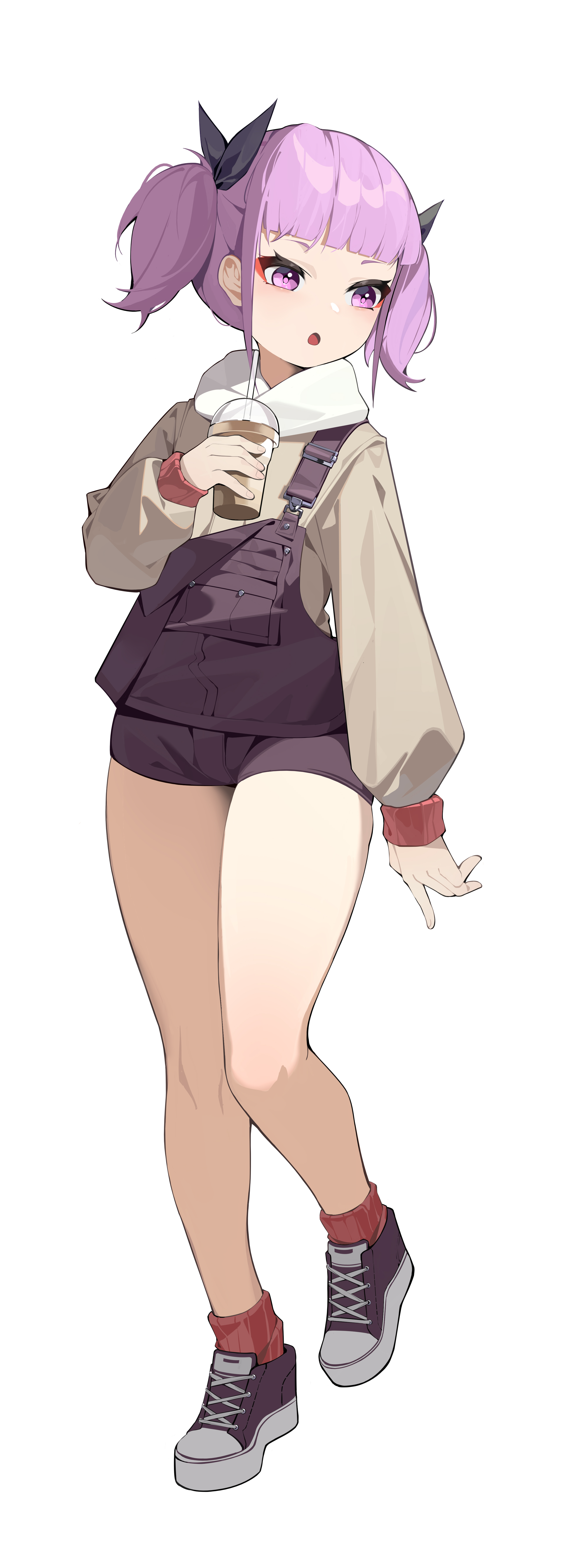 sp (8454), absurdres, highres, ankle socks, looking at another, low twintails, milk tea, open mouth, pink eyes, pink hair, red socks, short hair, shorts, socks, twintails