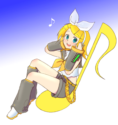 sasaki akira (ugc), kagamine rin, vocaloid, lowres, 1girl, blonde hair, blue eyes, detached sleeves, female focus, gradient background, hair ornament, hair ribbon, hairclip, headphones, musical note, ribbon, shorts, solo