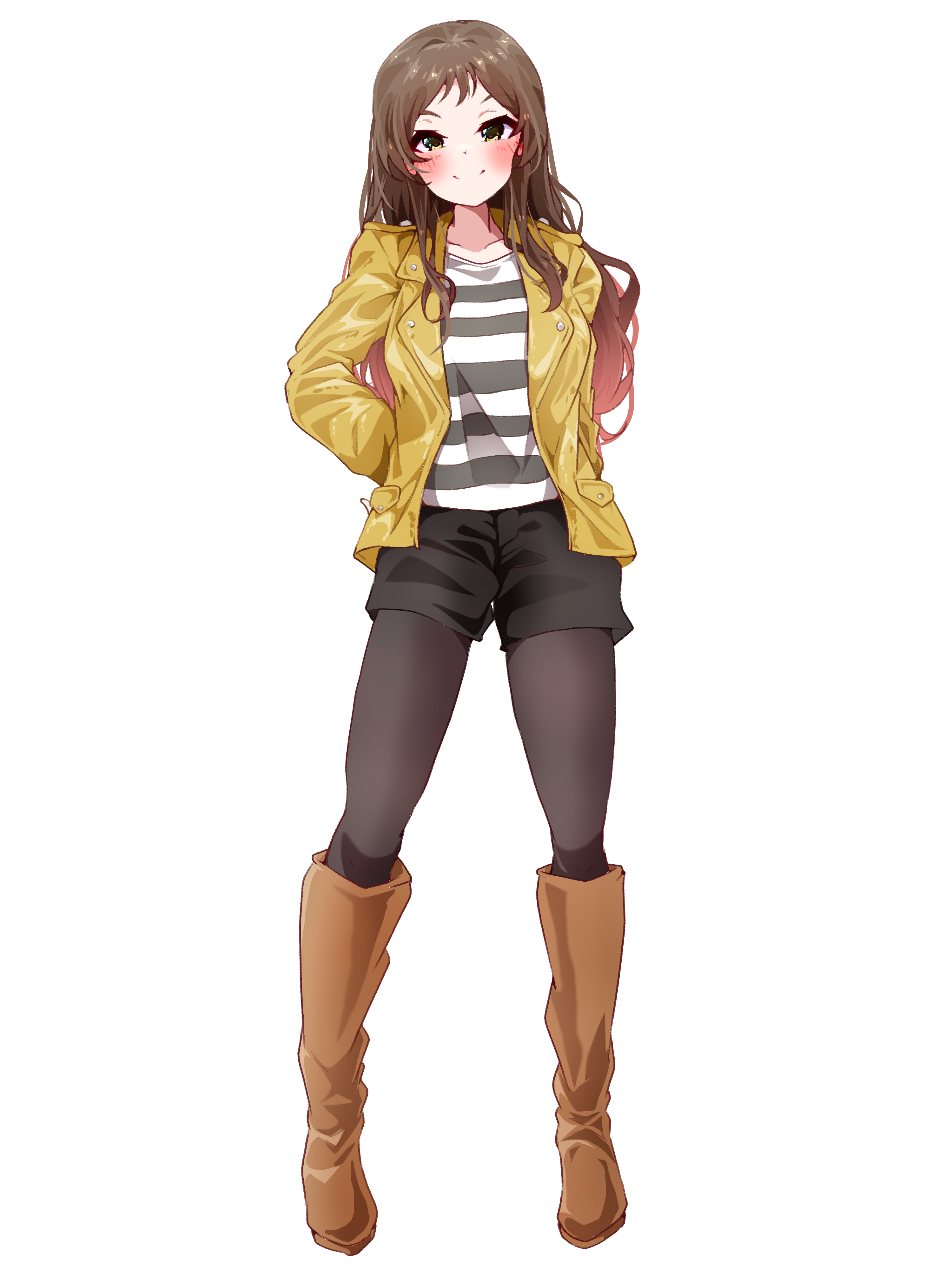clark grimms, kitazawa shiho, idolmaster, idolmaster million live!, absurdres, highres, 1girl, black pantyhose, black shorts, blush, boots, brown boots, brown eyes, brown hair, closed mouth, full body, hand on own hip, jacket, knee boots, lapels, leather, leather jacket, long hair, long sleeves, notched lapels, open clothes, open jacket, pantyhose, shirt, shorts, simple background, smile, solo, standing, striped clothes, striped shirt, white background, yellow jacket