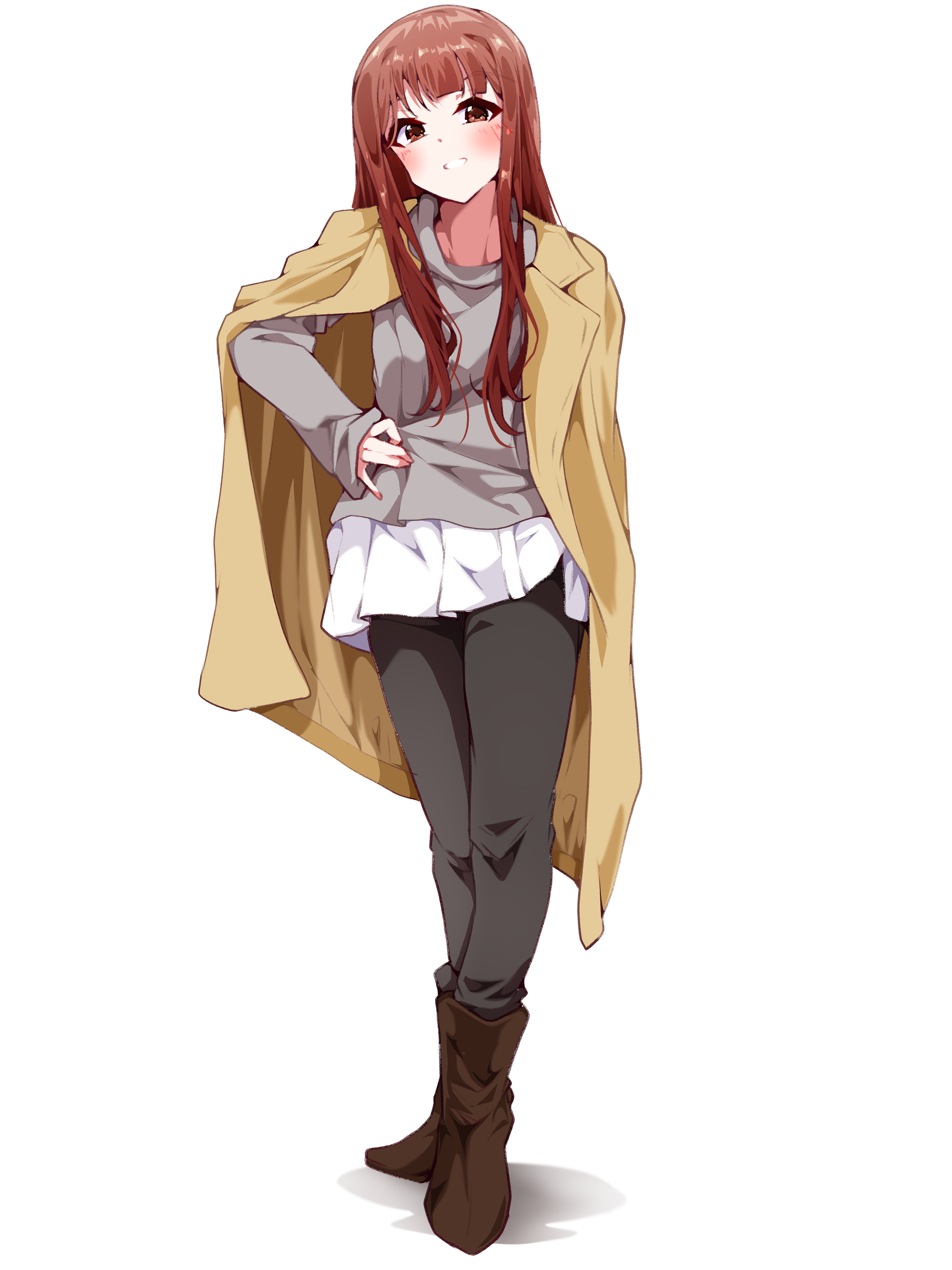 clark grimms, tanaka kotoha, idolmaster, idolmaster million live!, absurdres, highres, 1girl, black pants, blush, boots, brown boots, brown coat, coat, coat on shoulders, full body, grey shirt, grin, hand on own hip, long hair, long sleeves, looking at viewer, pants, pants under skirt, red eyes, red hair, shadow, shirt, simple background, skirt, smile, solo, standing, white background, white skirt