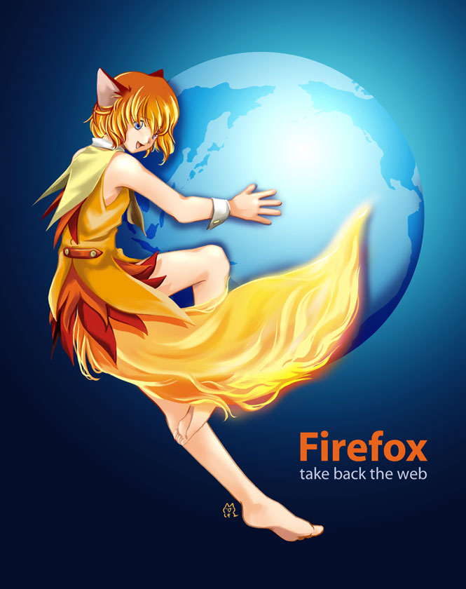 mozilla firefox, os-tan, 1girl, animal ears, barefoot, cuffs, earth (planet), feet, female focus, personification, planet, product girl, short hair, solo, tail, vest, world, wrist cuffs