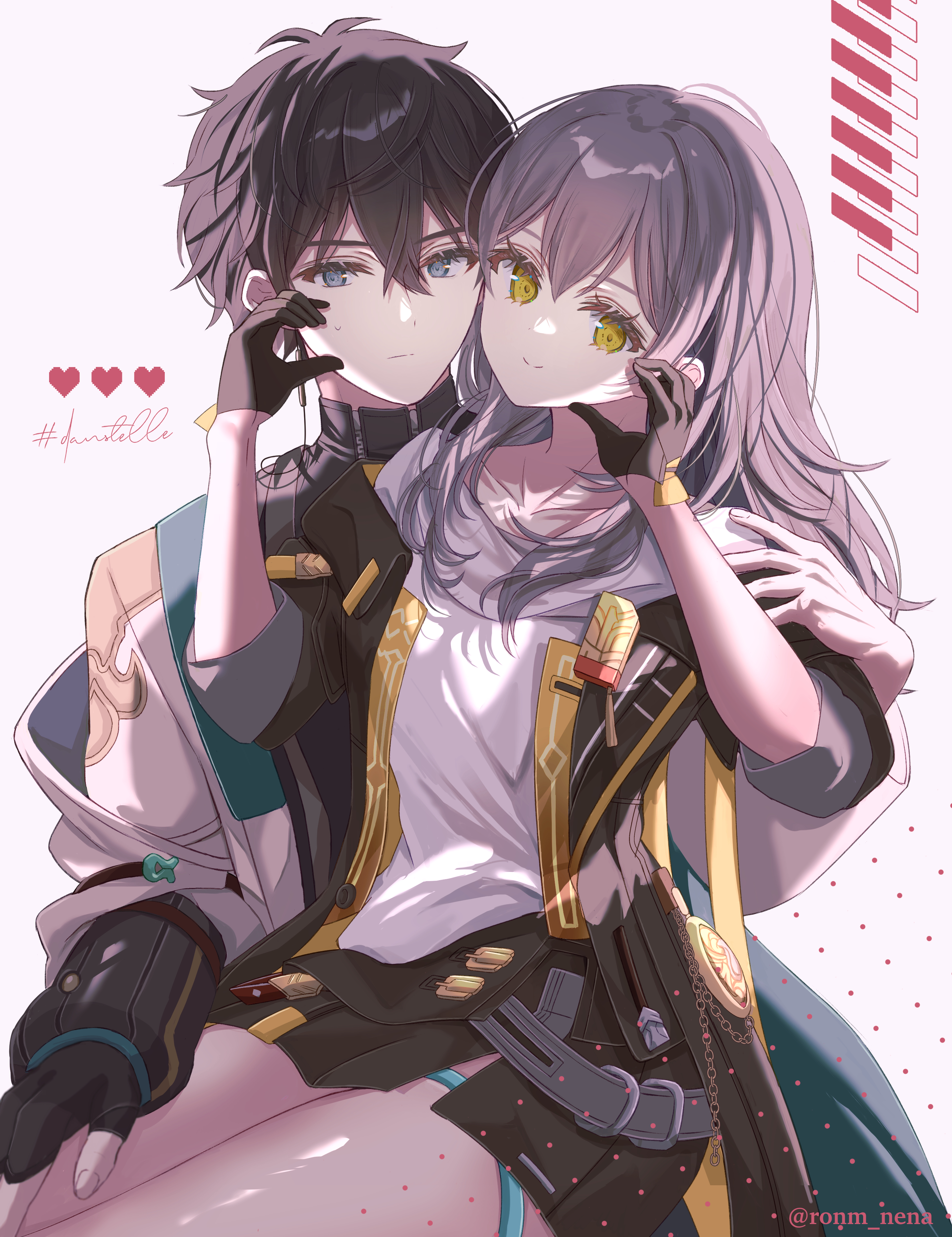 yuma (mron 322), dan heng (honkai: star rail), dan heng (hunt) (honkai: star rail), stelle (honkai: star rail), trailblazer (honkai: star rail), honkai: star rail, honkai (series), absurdres, highres, 1boy, 1girl, black gloves, black jacket, black skirt, cowboy shot, gloves, green eyes, grey hair, hair between eyes, heart, jacket, long hair, miniskirt, open clothes, open jacket, shirt, short hair, sitting, sitting on lap, sitting on person, skirt, smile, thigh strap, white jacket, white shirt, yellow eyes