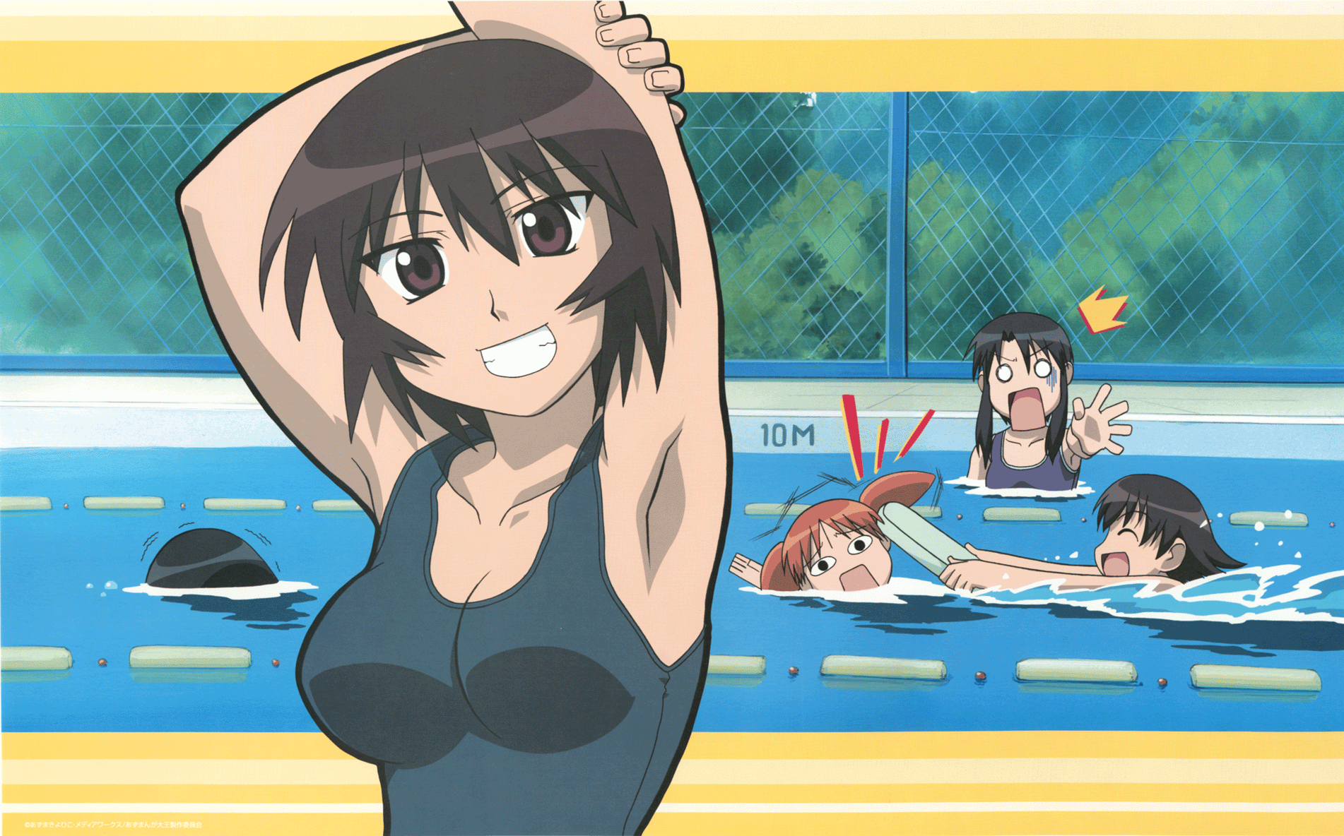 kagura, kagura (azumanga daioh), kurosawa minamo, mihama chiyo, takino tomo, azumanga daiou, highres, <o> <o>, 5girls, :d, ^^^, armpits, arms up, black hair, breasts, brown eyes, brown hair, chain-link fence, child, cleavage, day, fence, grin, kickboard, lane line, large breasts, letterboxed, multiple girls, o o, one-piece swimsuit, open mouth, orange hair, outdoors, pool, poolside, reaching, rectangular mouth, sideways mouth, smile, stretching, surprised, swimming, swimsuit, tomboy, trembling