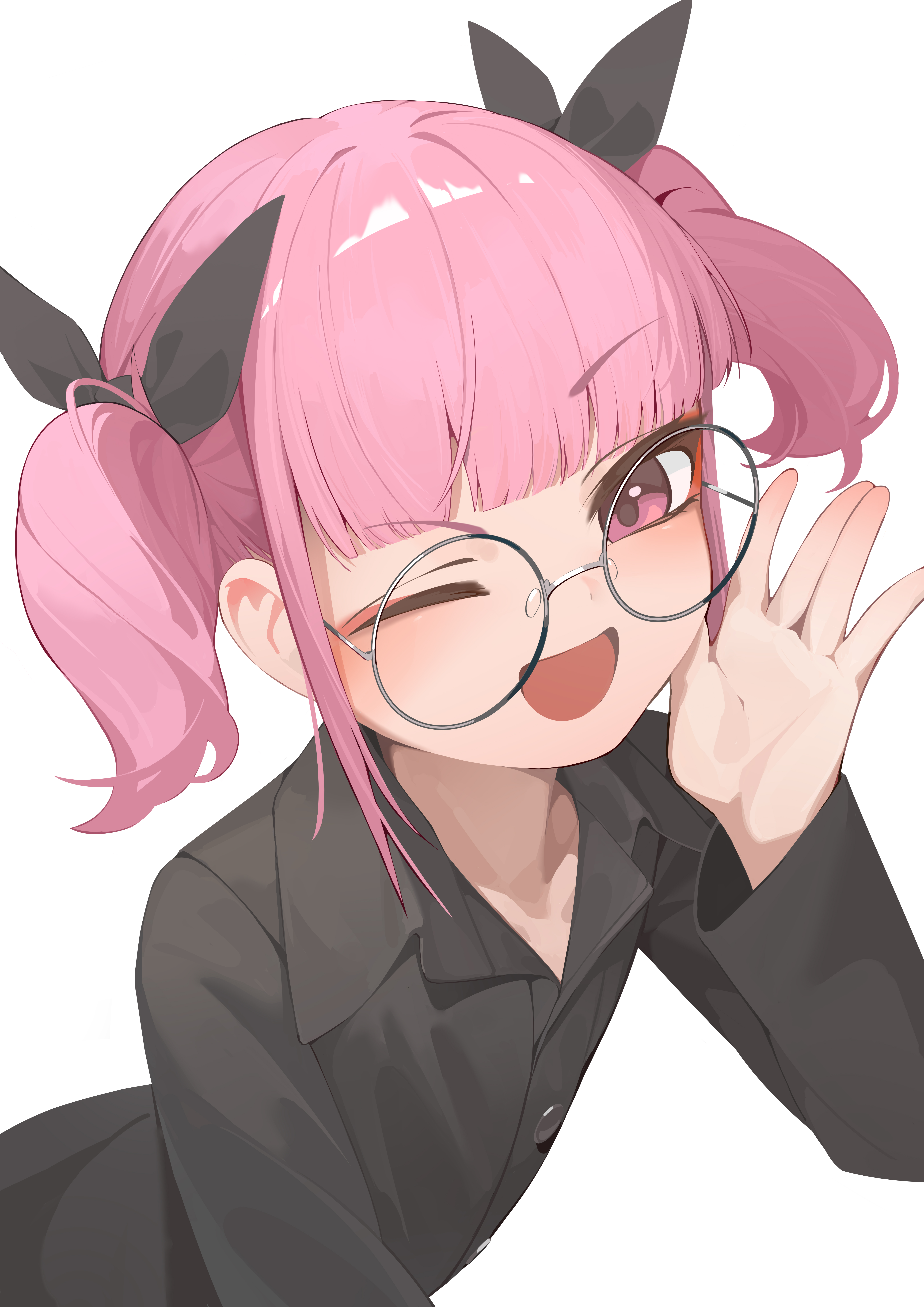 sp (8454), absurdres, highres, black shirt, collared shirt, flat chest, glass, looking at viewer, low twintails, one eye closed, pink eyes, pink hair, round eyewear, shirt, twintails