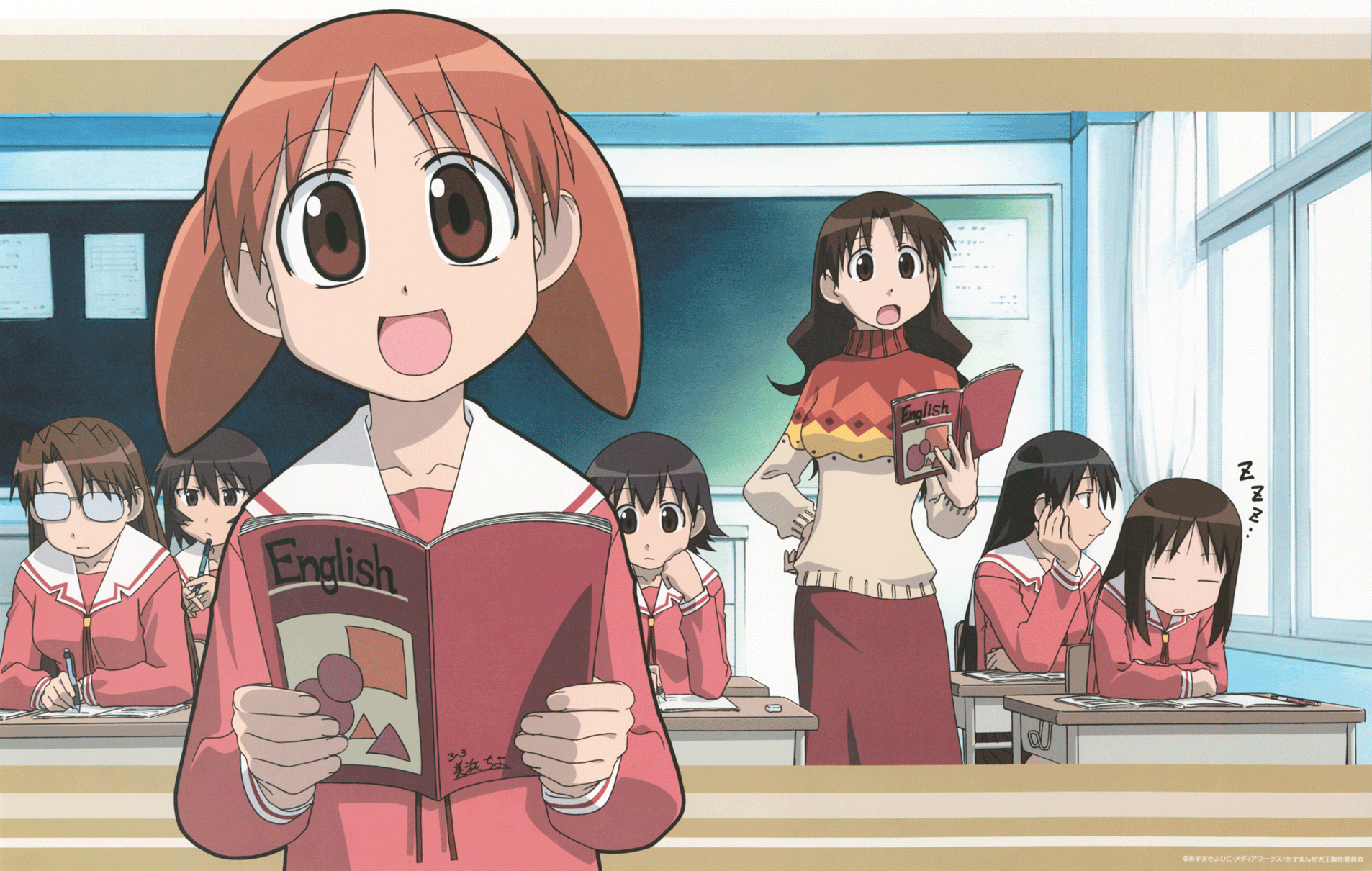 kagura, kagura (azumanga daioh), kasuga ayumu, mihama chiyo, mizuhara koyomi, sakaki (azumanga daioh), takino tomo, tanizaki yukari, azumanga daiou, looking away, highres, official art, 6+girls, black hair, book, brown eyes, brown hair, chalkboard, child, classroom, facing viewer, glasses, hand on own hip, indoors, long hair, looking at viewer, looking to the side, multicolored sweater, multiple girls, opaque glasses, orange hair, school, school uniform, serafuku, short twintails, sitting, sleeping, smile, standing, sweater, textbook, twintails, window, zzz