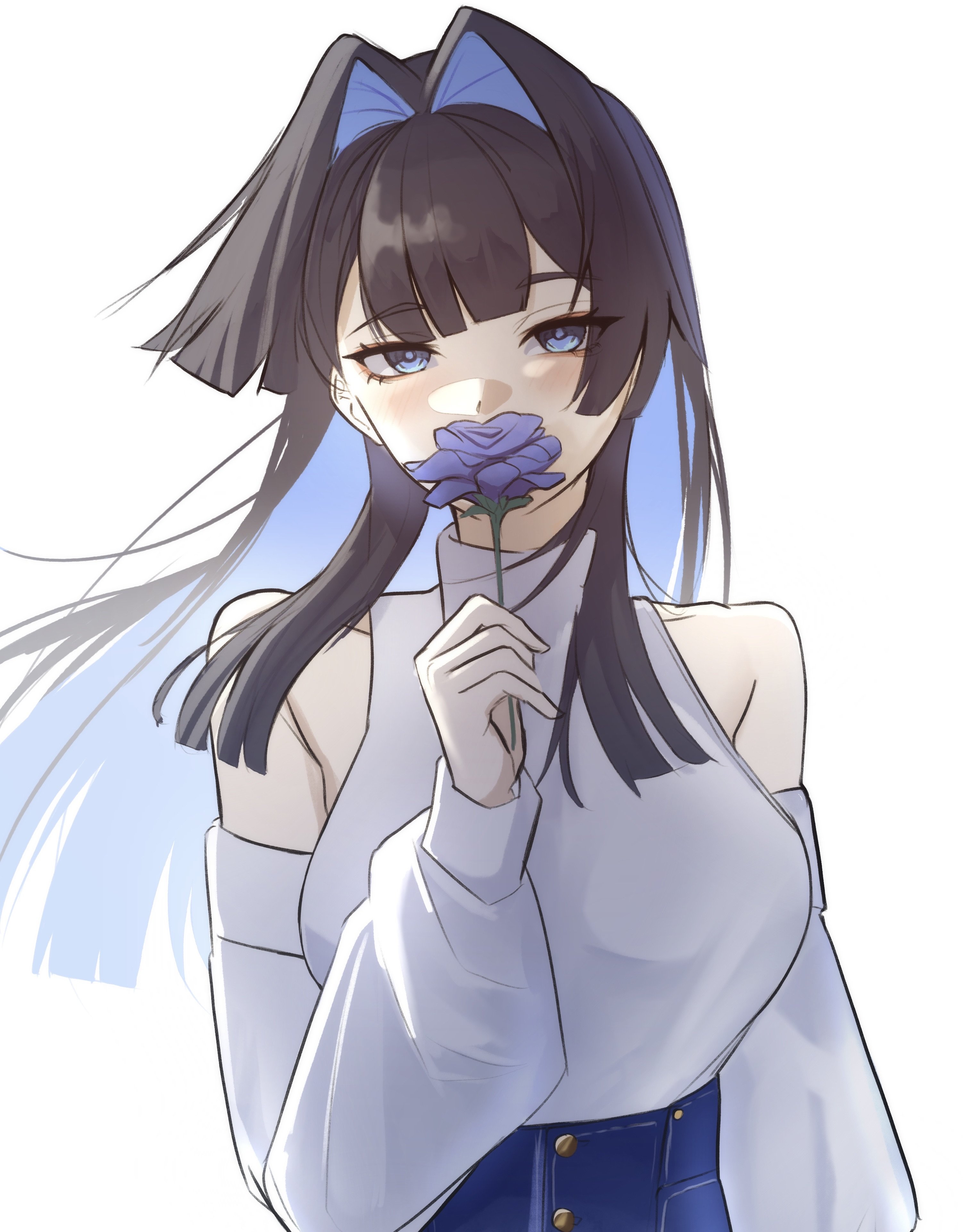 nurizza ilst, ouro kronii, ouro kronii (casual), hololive, hololive english, absurdres, hashtag-only commentary, highres, 1girl, black hair, blue eyes, blue flower, blue hair, blue pants, blue rose, breasts, clothing cutout, colored inner hair, flower, high-waist pants, large breasts, long hair, looking at viewer, multicolored hair, official alternate costume, official alternate hairstyle, pants, rose, shoulder cutout, simple background, solo, sweater, turtleneck, turtleneck sweater, virtual youtuber, white background, white sweater