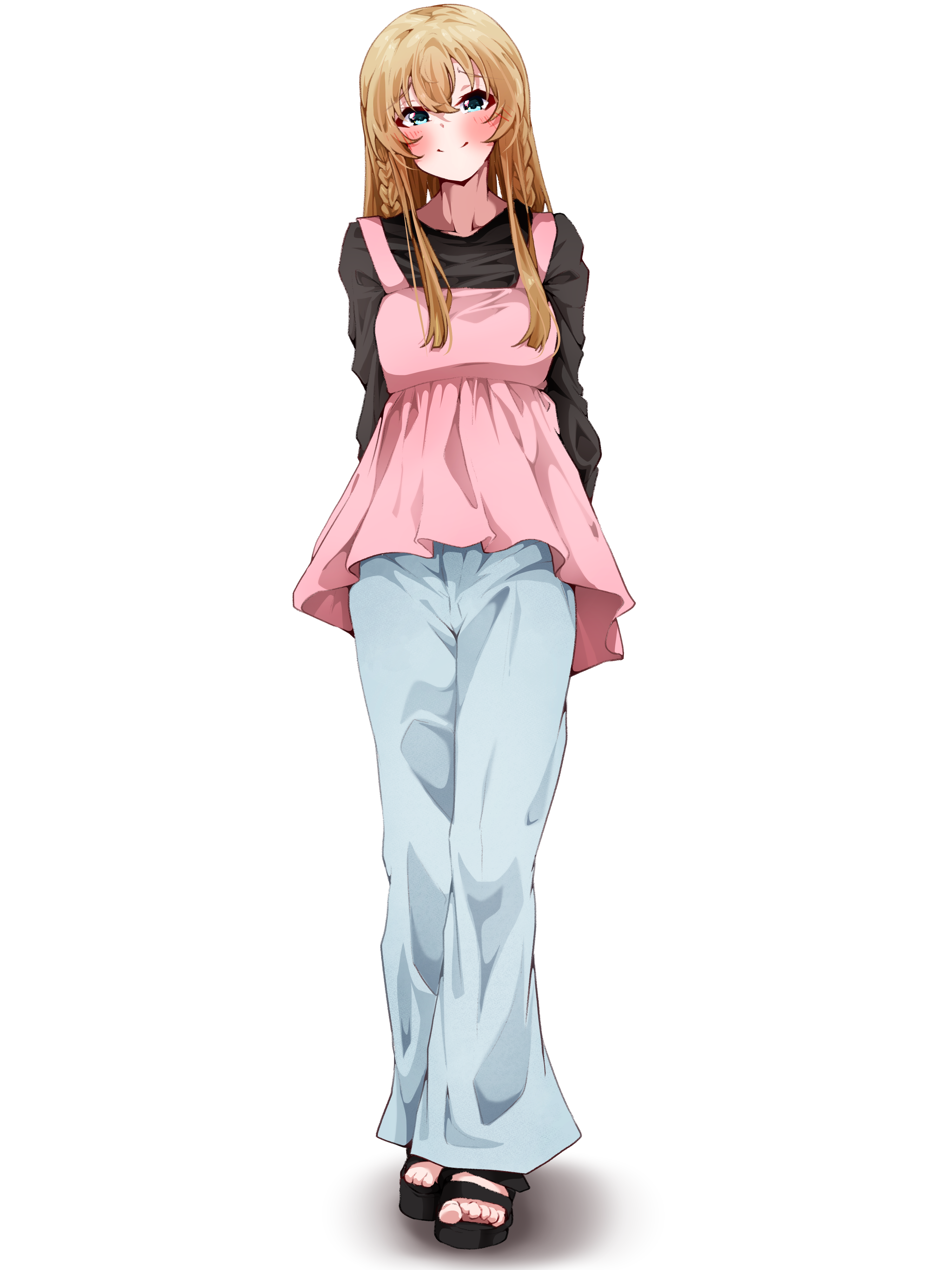 clark grimms, kousaka umi, idolmaster, idolmaster million live!, absurdres, highres, 1girl, arms behind back, black shirt, blue eyes, blue pants, blush, braid, brown hair, closed mouth, dress, full body, long hair, pants, pinafore dress, sandals, shadow, shirt, simple background, sleeveless, sleeveless dress, smile, solo, standing, toes, twin braids, white background