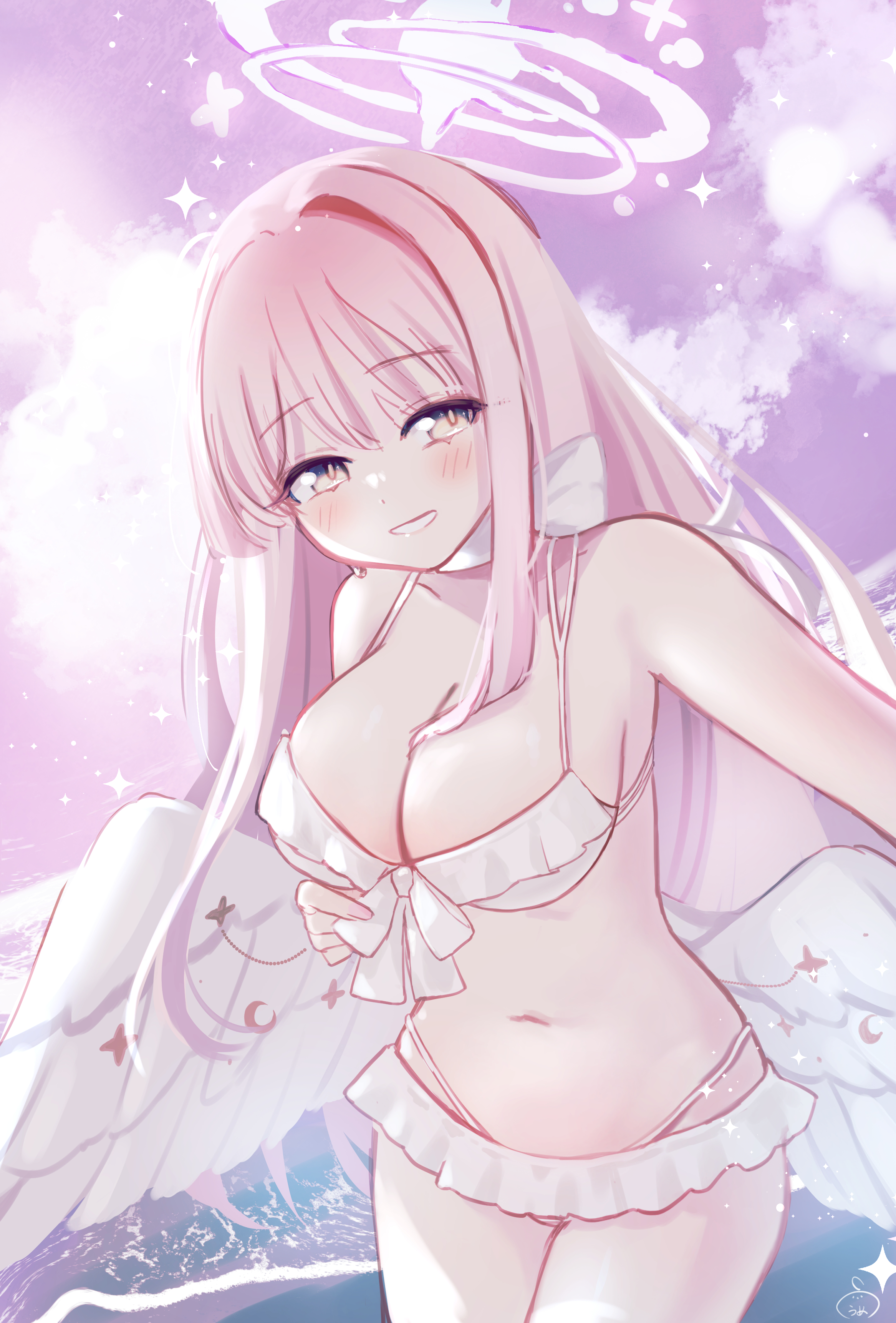 anagaume, mika (blue archive), mika (swimsuit) (blue archive), blue archive, absurdres, highres, 1girl, angel wings, bikini, blush, breasts, cleavage, collarbone, feathered wings, frilled bikini, frills, hair between eyes, halo, large breasts, long hair, looking at viewer, low wings, navel, official alternate costume, official alternate hairstyle, open mouth, pink eyes, pink hair, pink halo, smile, solo, stomach, swimsuit, very long hair, white wings, wing ornament, wings