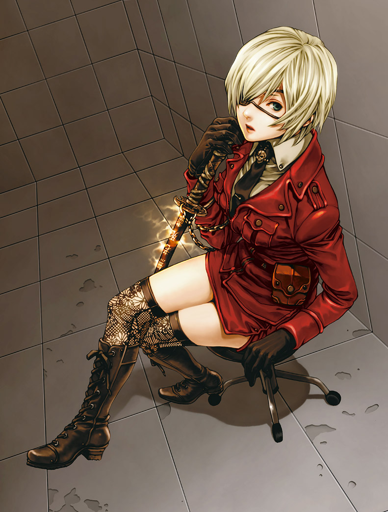 yuki hayabusa, uniform, copyright request, 1girl, black necktie, blonde hair, boots, breasts, brown boots, brown gloves, chair, crossed legs, dutch angle, eyepatch, female focus, full body, gloves, glowing, glowing weapon, green eyes, hair over one eye, indoors, katana, knee boots, lace-up boots, long sleeves, looking at viewer, medium breasts, miniskirt, necktie, parted lips, pencil skirt, red skirt, short hair, sitting, skirt, skull, solo, stool, sword, thighhighs, thighs, weapon, zettai ryouiki