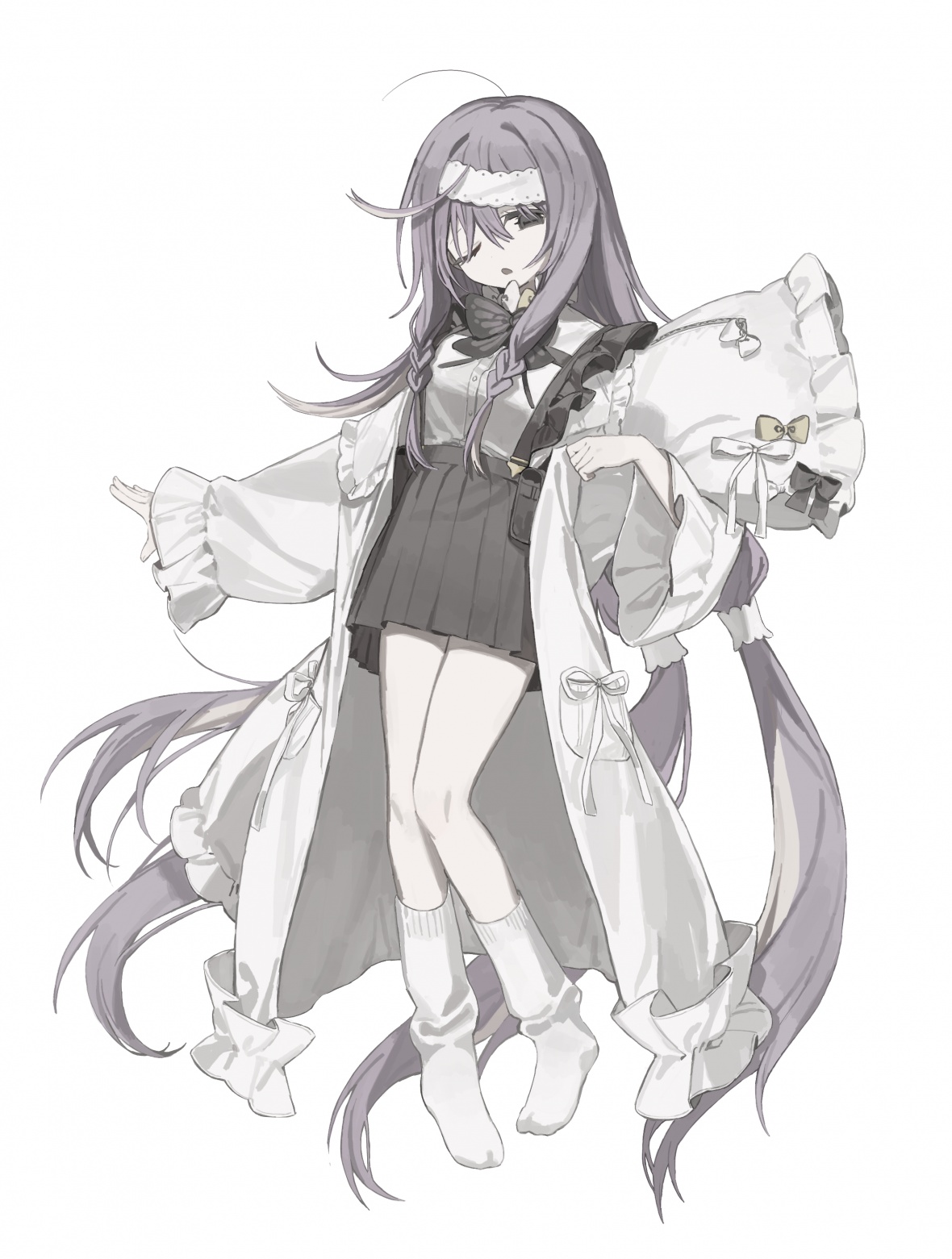 goma (mulgogi), character request, copyright request, highres, 1girl, absurdly long hair, bow, bowtie, braid, braided sidelocks, breasts, coat, frilled pillow, frilled sleeves, frilled suspenders, frills, full body, grey eyes, grey skirt, hair between eyes, hairband, holding, holding pillow, horizontal pupils, long hair, long sleeves, looking at viewer, low quad tails, muted color, no shoes, one eye closed, open clothes, open coat, open mouth, pillow, pleated skirt, purple hair, quad tails, shirt, shirt tucked in, simple background, skirt, socks, solo, suspender skirt, suspenders, tachi-e, twin braids, very long hair, white background, white coat, white hairband, white shirt, white socks, wide sleeves