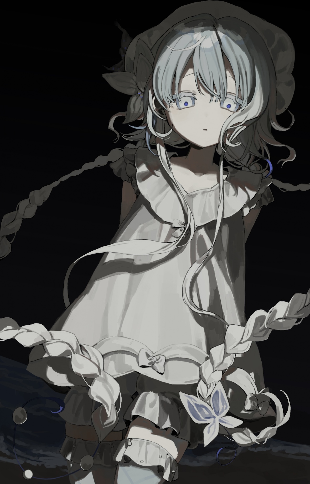 goma (mulgogi), original, commission, highres, 1girl, arms behind back, beads, bloomers, blue pupils, blunt ends, braid, braided ponytail, cowboy shot, dress, dutch angle, frilled thighhighs, frills, hair ornament, hat, long sidelocks, looking at viewer, night, ocean, outdoors, parted lips, sidelocks, solo, thighhighs, twin braids, underwear, white bloomers, white dress, white eyes, white hair, white hat, white thighhighs