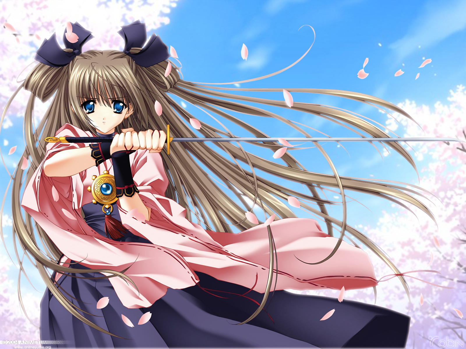 carnelian, highres, blue eyes, japanese clothes, ribbon, skirt, solo, sword, watermark, weapon