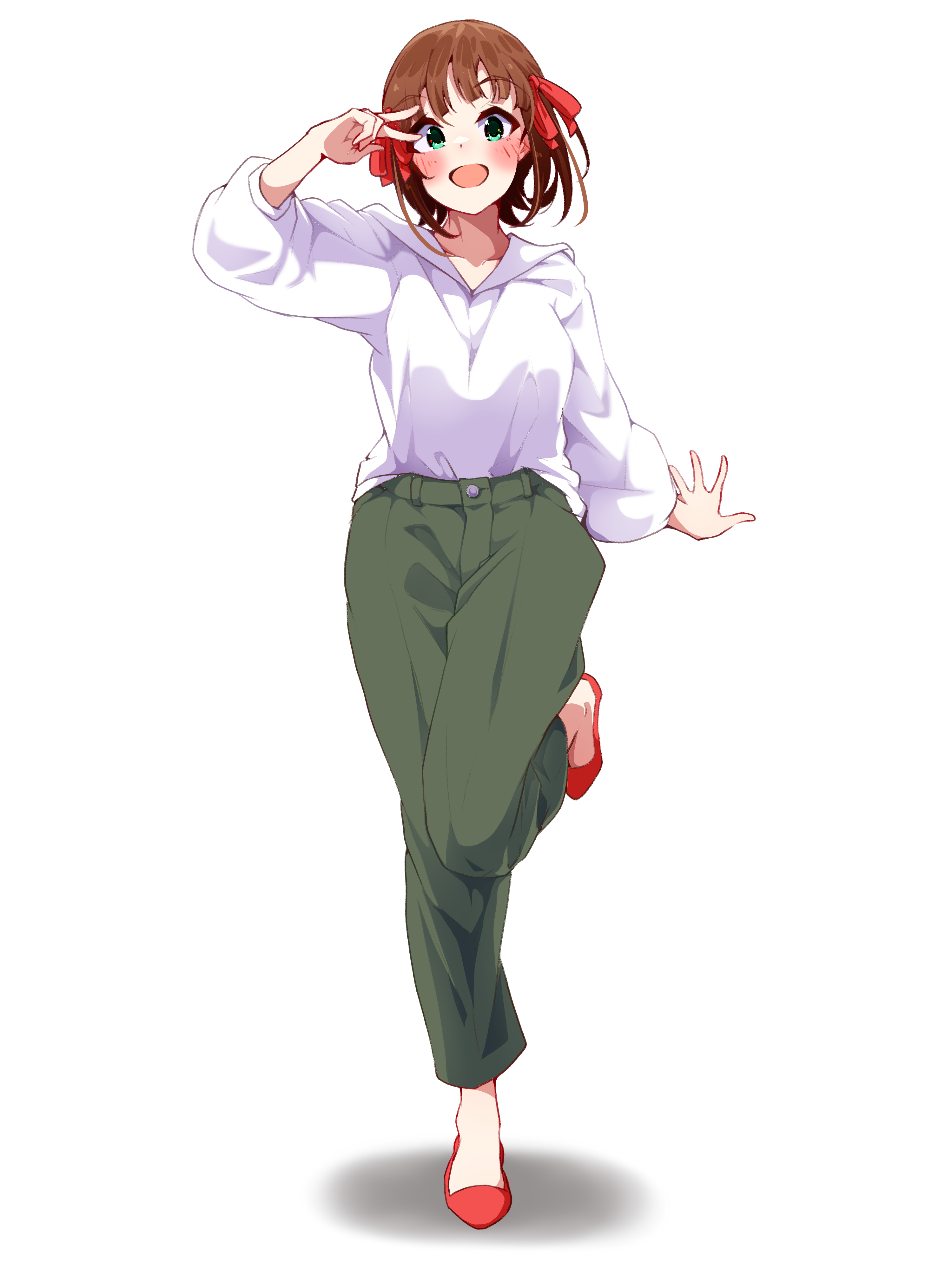 clark grimms, amami haruka, idolmaster, idolmaster (classic), absurdres, highres, 1girl, :d, arm up, blush, brown hair, full body, green eyes, green pants, hair ribbon, leg up, long sleeves, looking at viewer, open mouth, pants, red ribbon, red shoes, ribbon, shadow, shoes, short hair, simple background, smile, solo, standing, standing on one leg, sweater, sweater tucked in, v, white background, white sweater