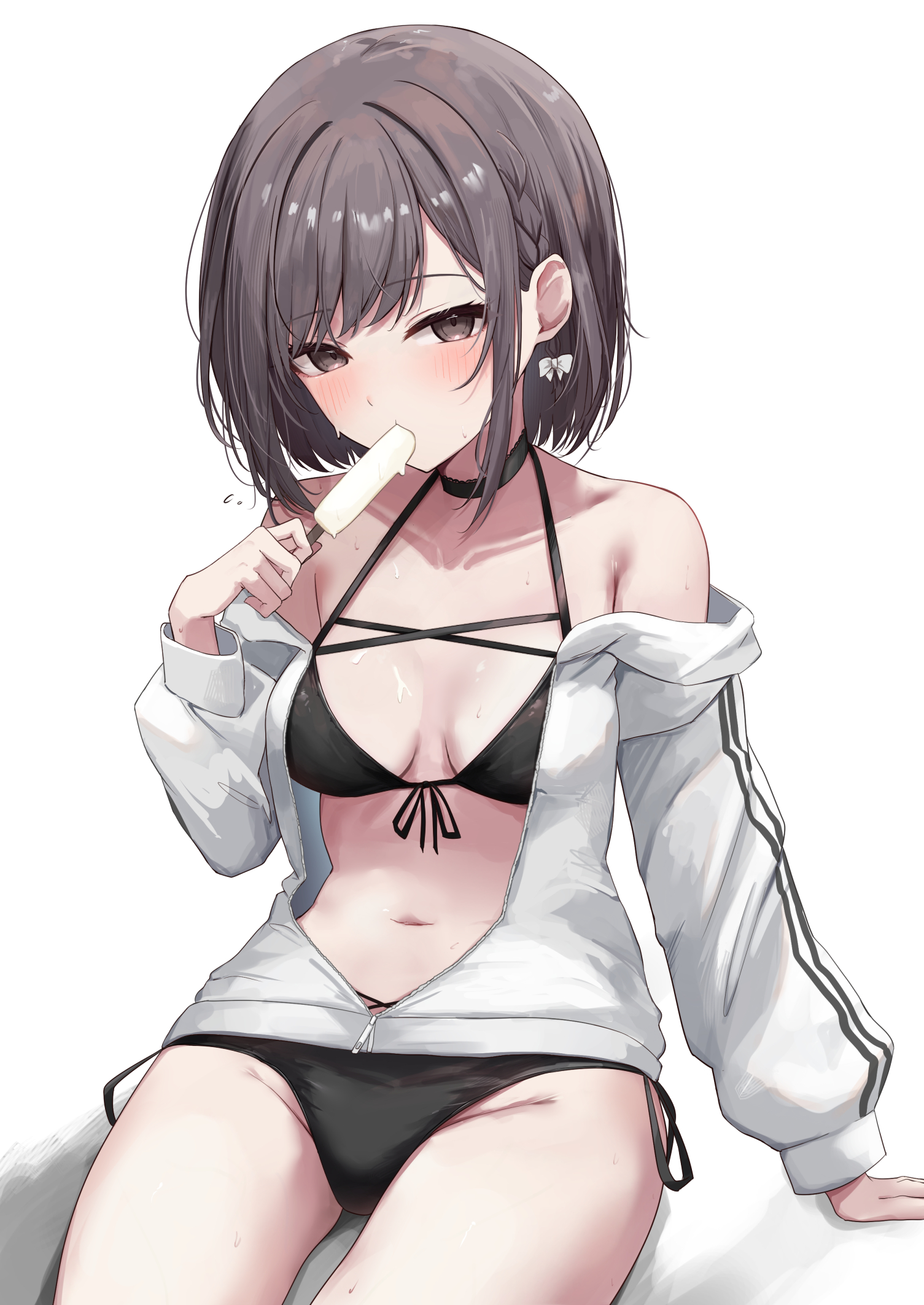 kunizaki, shinonome ena, project sekai, commentary request, highres, partial commentary, 1girl, bare shoulders, bikini, black bikini, black choker, blush, braid, breasts, breasts apart, brown eyes, brown hair, choker, collarbone, cowboy shot, dripping, food, food in mouth, front-tie bikini top, front-tie top, groin, halterneck, hand up, holding, holding food, holding popsicle, jacket, jacket over swimsuit, long sleeves, looking at viewer, medium breasts, melting popsicle, navel, off shoulder, open clothes, open jacket, partially unzipped, popsicle, popsicle in mouth, shadow, short hair, side-tie bikini bottom, side braid, sidelocks, simple background, sitting, solo, stomach, string bikini, swept bangs, swimsuit, thighs, tsurime, white background, white jacket