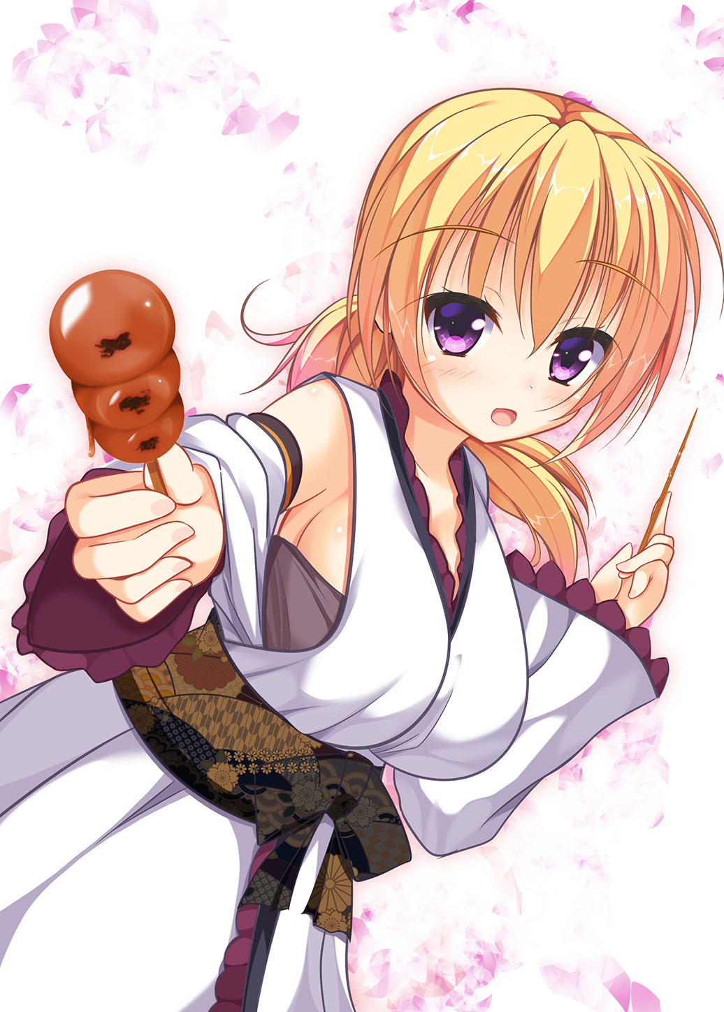 shrimp 3, lena liechtenauer, senren banka, commentary, highres, 1girl, :d, backboob, black bow, black sash, blonde hair, blush, bow, breasts, cowboy shot, dango, detached sleeves, dual wielding, dutch angle, eyelashes, eyes visible through hair, floating hair, floral print, floral print sash, food, frilled kimono, frilled sleeves, frills, hair between eyes, hand up, holding, holding food, incoming food, japanese clothes, kimono, large breasts, long hair, long sleeves, looking at viewer, low ponytail, official alternate costume, open mouth, outstretched arm, ponytail, print sash, purple eyes, sash, simple background, smile, solo, wagashi, white background, white kimono, wide sleeves
