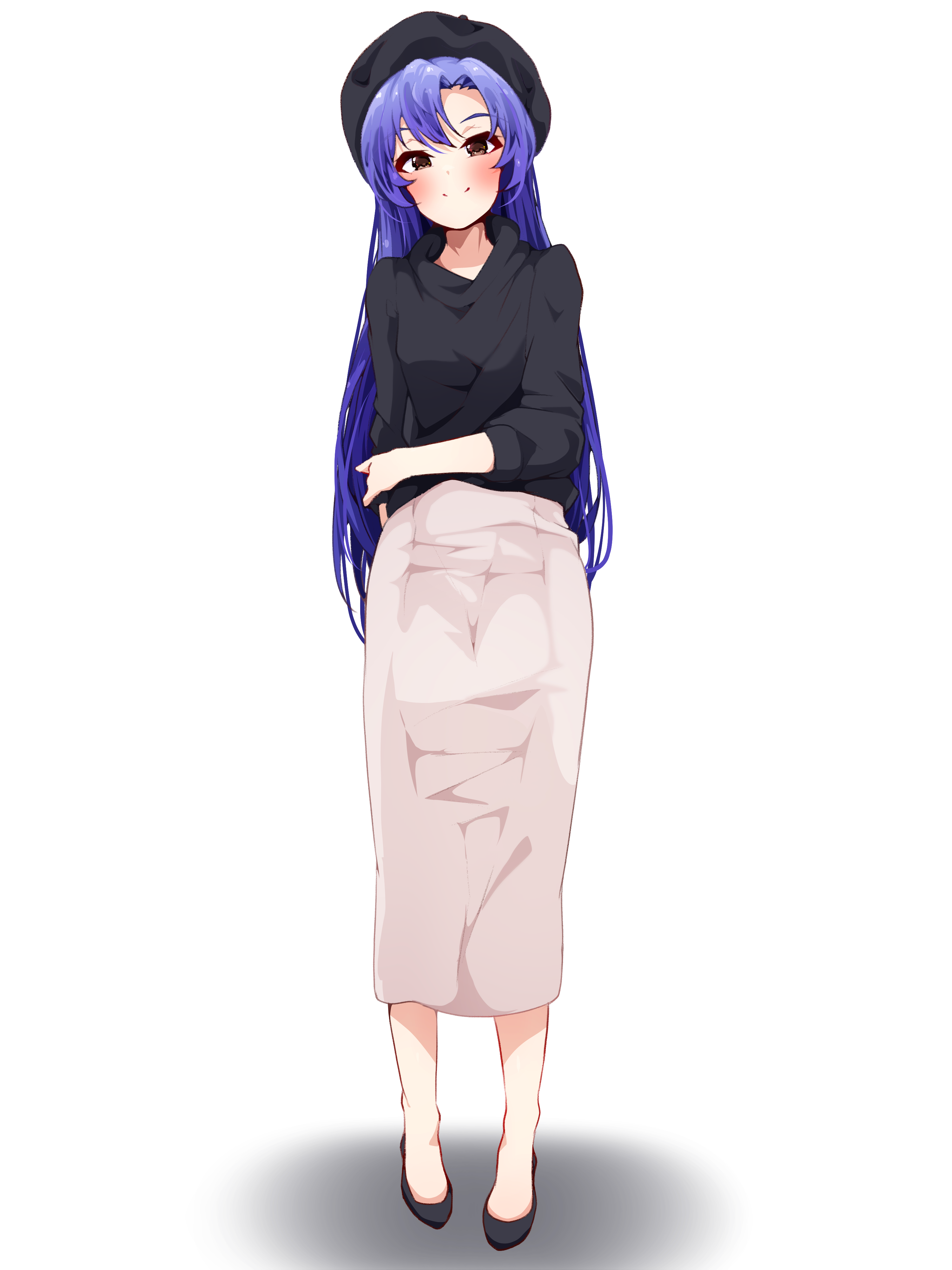 clark grimms, kisaragi chihaya, idolmaster, idolmaster (classic), absurdres, highres, 1girl, beret, black hat, black shoes, black sweater, blue hair, blush, brown eyes, closed mouth, full body, hat, long hair, long skirt, long sleeves, looking at viewer, pencil skirt, shadow, shoes, simple background, skirt, smile, solo, standing, sweater, white background, white skirt