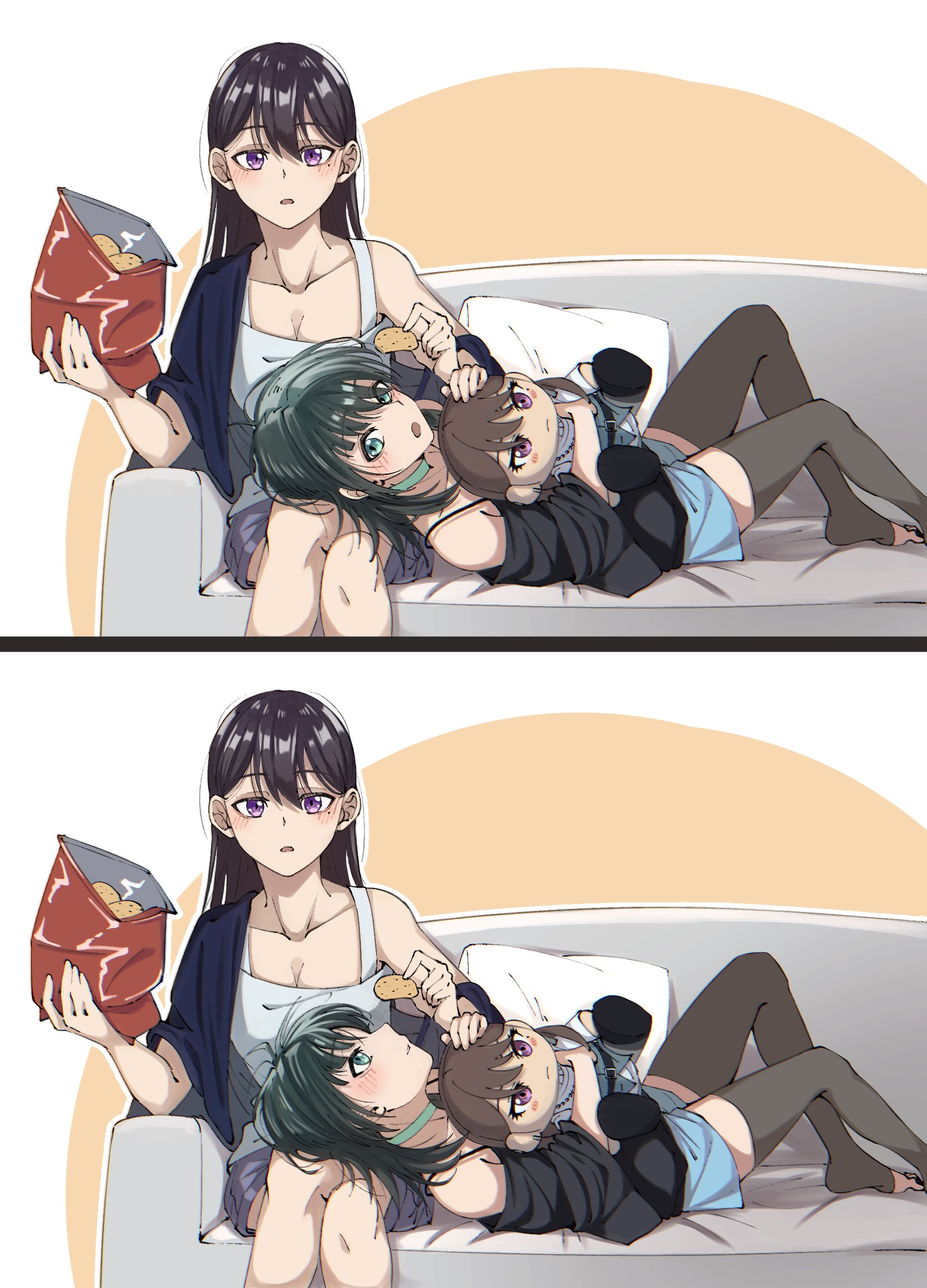 doki (oox3o), shiina taki, yahata umiri, bang dream!, bang dream! it's mygo!!!!!, absurdres, chinese commentary, commentary request, highres, 2girls, aqua choker, aqua eyes, bag, bag of chips, black shirt, black thighhighs, blush, breasts, brown hair, character doll, choker, cleavage, couch, doll, food, green eyes, holding, holding bag, holding food, lap pillow, long hair, looking at another, looking at viewer, mole, mole under eye, multiple girls, nesoberi, off-shoulder shirt, off shoulder, on couch, open mouth, parted lips, pillow, purple eyes, shirt, tank top, thighhighs, white tank top, yuri