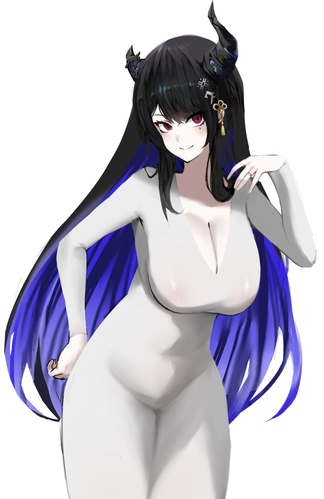 iggy2077, nerissa ravencroft, hololive, hololive english, commentary, english commentary, highres, 1girl, alternate costume, asymmetrical horns, black hair, blue hair, breasts, cleavage, closed mouth, colored inner hair, demon horns, dress, grey dress, horns, huge breasts, long hair, long sleeves, looking at viewer, mole, mole under eye, multicolored hair, red eyes, smile, solo, virtual youtuber