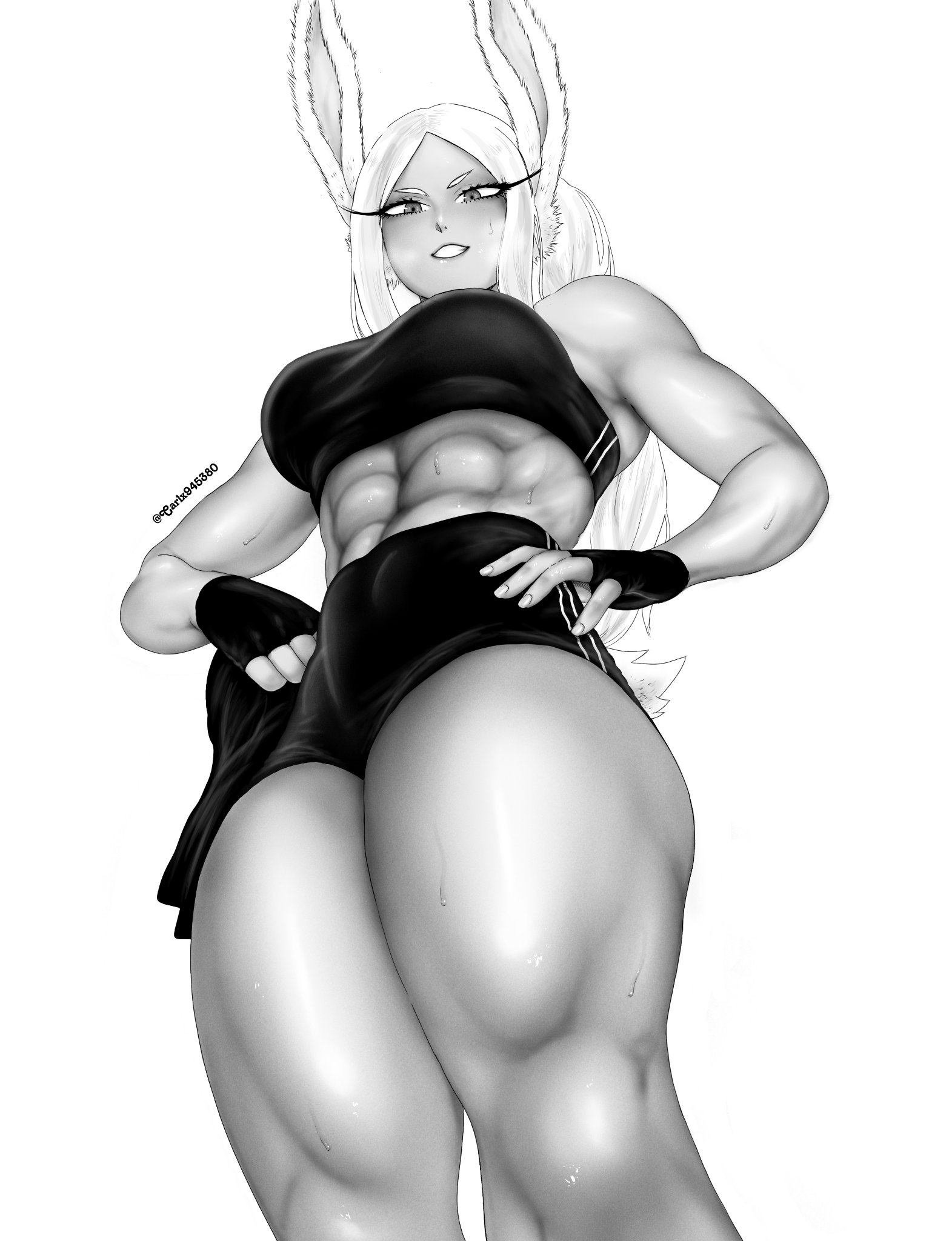 carlx945380, mirko, boku no hero academia, commentary, english commentary, highres, 1girl, abs, alternate costume, animal ears, bare shoulders, breasts, double vertical stripe, fingerless gloves, from below, gloves, grey hair, grin, hands on own hips, high-waist shorts, holding, holding towel, large breasts, long hair, looking at viewer, midriff, monochrome, muscular, muscular female, parted bangs, parted lips, ponytail, rabbit ears, rabbit girl, rabbit tail, shorts, simple background, smile, solo, sports bra, sweat, tail, thick thighs, thighs, towel, twitter username, white background