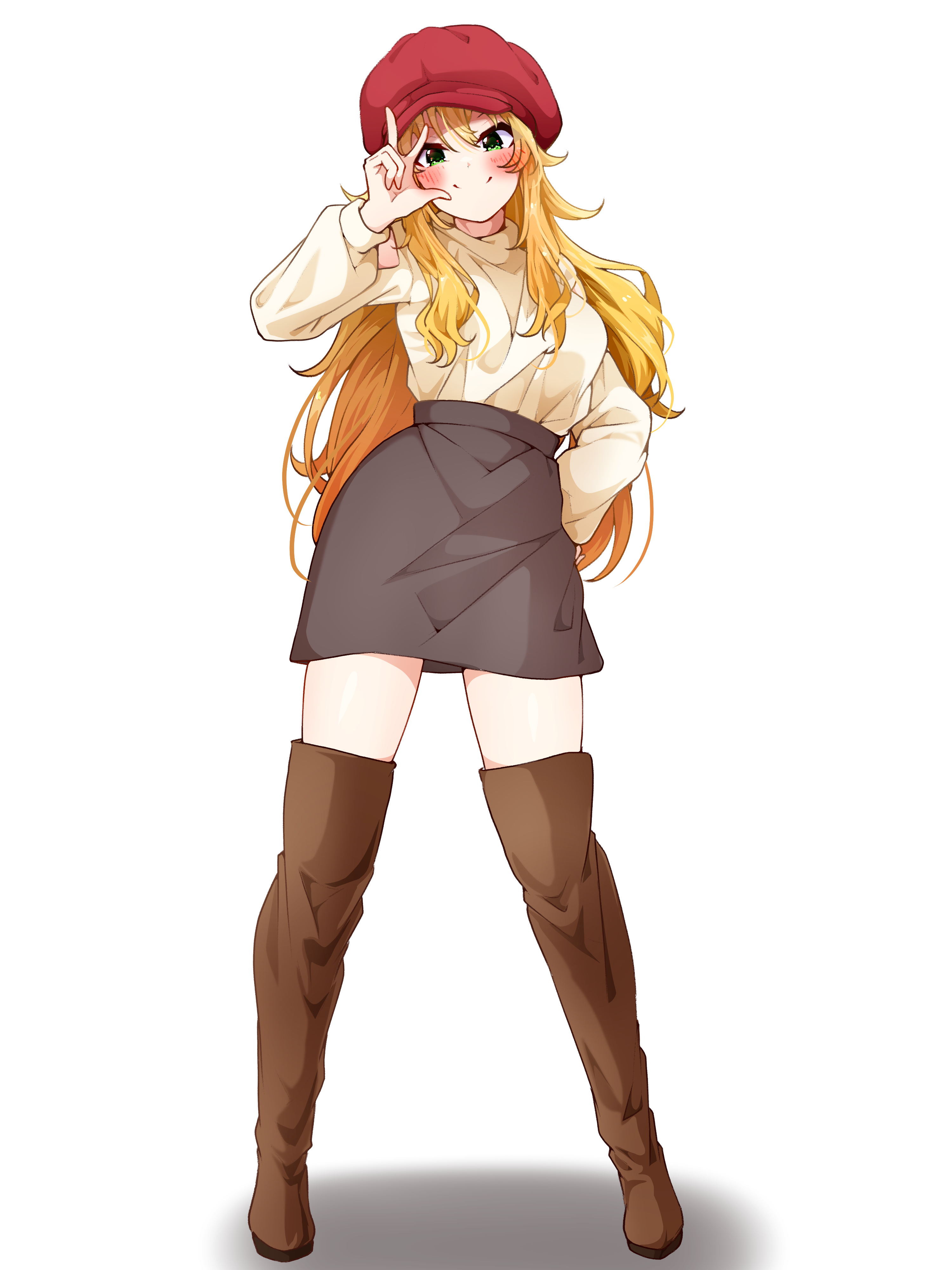 clark grimms, hoshii miki, idolmaster, idolmaster (classic), absurdres, highres, 1girl, blonde hair, blush, boots, brown boots, closed mouth, contrapposto, full body, green eyes, grey skirt, hand on own hip, hand up, hat, long hair, long sleeves, looking at viewer, red hat, shadow, simple background, skirt, smile, solo, standing, sweater, sweater tucked in, thigh boots, w, white background, white sweater