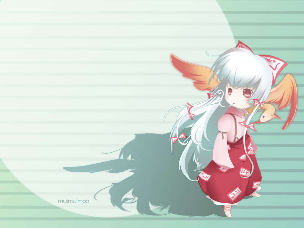 munyumunyu, yuge sasatarou, fujiwara no mokou, touhou, 1girl, albino, barefoot, bird, cigarette, female focus, hair ornament, long hair, red eyes, smoking, solo, white hair