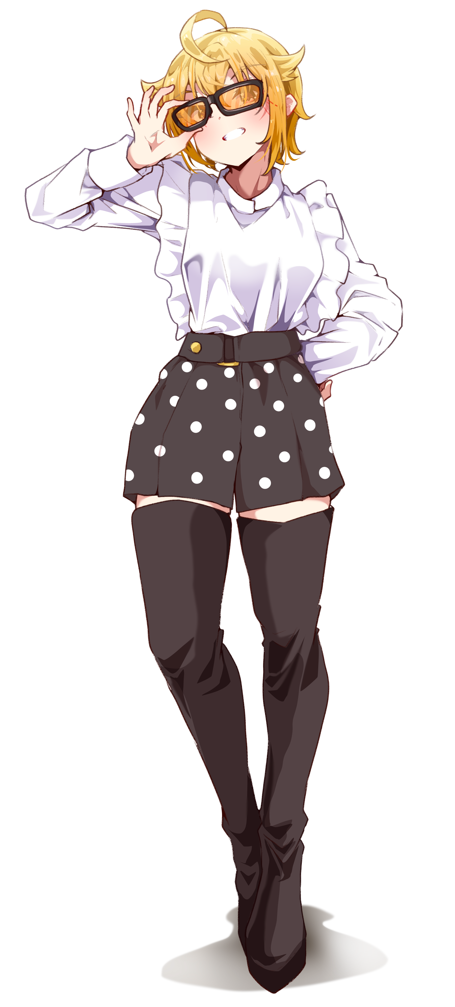 clark grimms, ibuki tsubasa, idolmaster, idolmaster million live!, absurdres, highres, 1girl, adjusting eyewear, ahoge, black boots, black skirt, blonde hair, boots, full body, grin, hair flaps, hand up, long sleeves, looking at viewer, polka dot, polka dot skirt, shadow, shirt, shirt tucked in, short hair, simple background, skirt, smile, solo, standing, sunglasses, thigh boots, thighhighs, tinted eyewear, white background, white shirt, yellow-tinted eyewear, zettai ryouiki