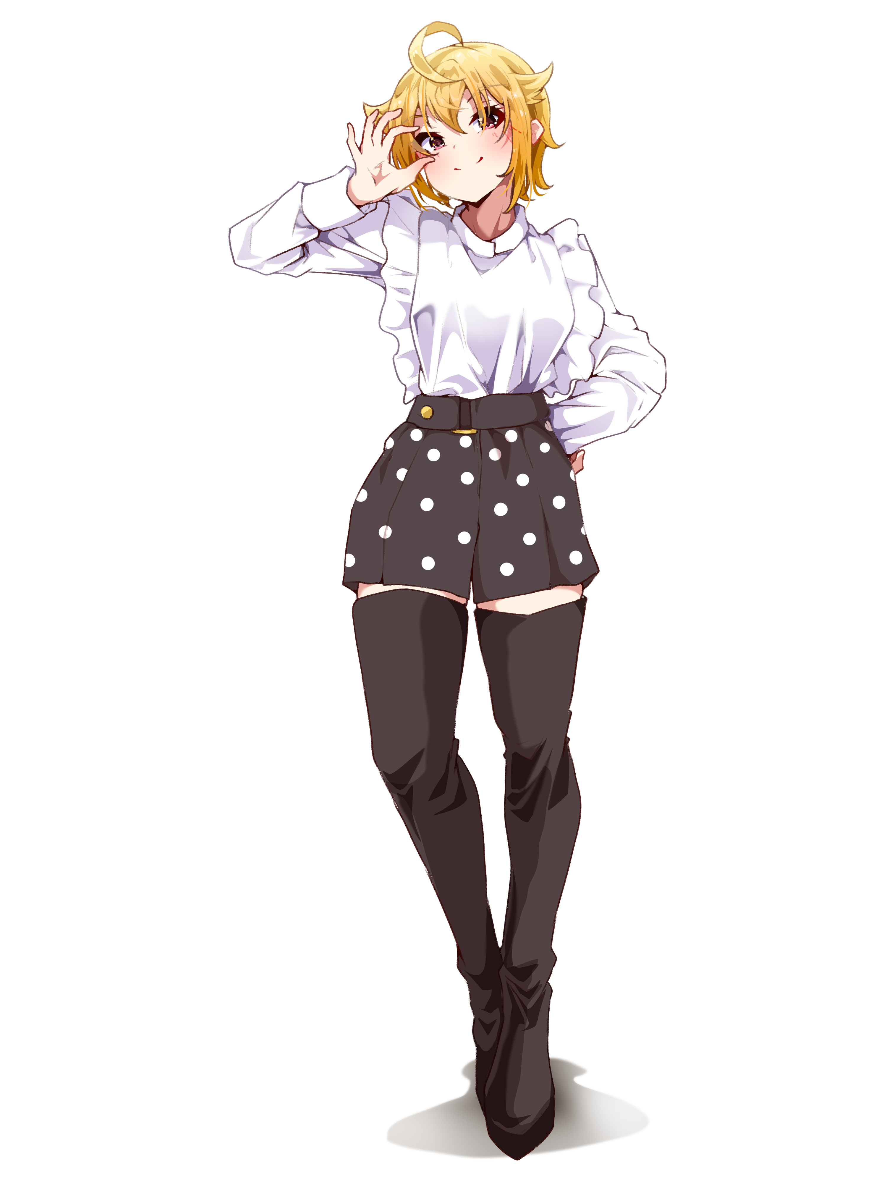 clark grimms, ibuki tsubasa, idolmaster, idolmaster million live!, absurdres, highres, 1girl, ahoge, black boots, black skirt, blonde hair, boots, closed mouth, full body, hair flaps, hand up, long sleeves, looking at viewer, pink eyes, polka dot, polka dot skirt, shadow, shirt, shirt tucked in, short hair, simple background, skirt, smile, solo, standing, thigh boots, thighhighs, white background, white shirt, zettai ryouiki