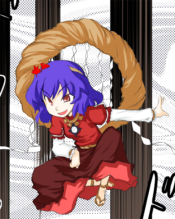 golden pe done, yasaka kanako, touhou, 1girl, female focus, hair ornament, leaf hair ornament, rope, shimenawa, solo