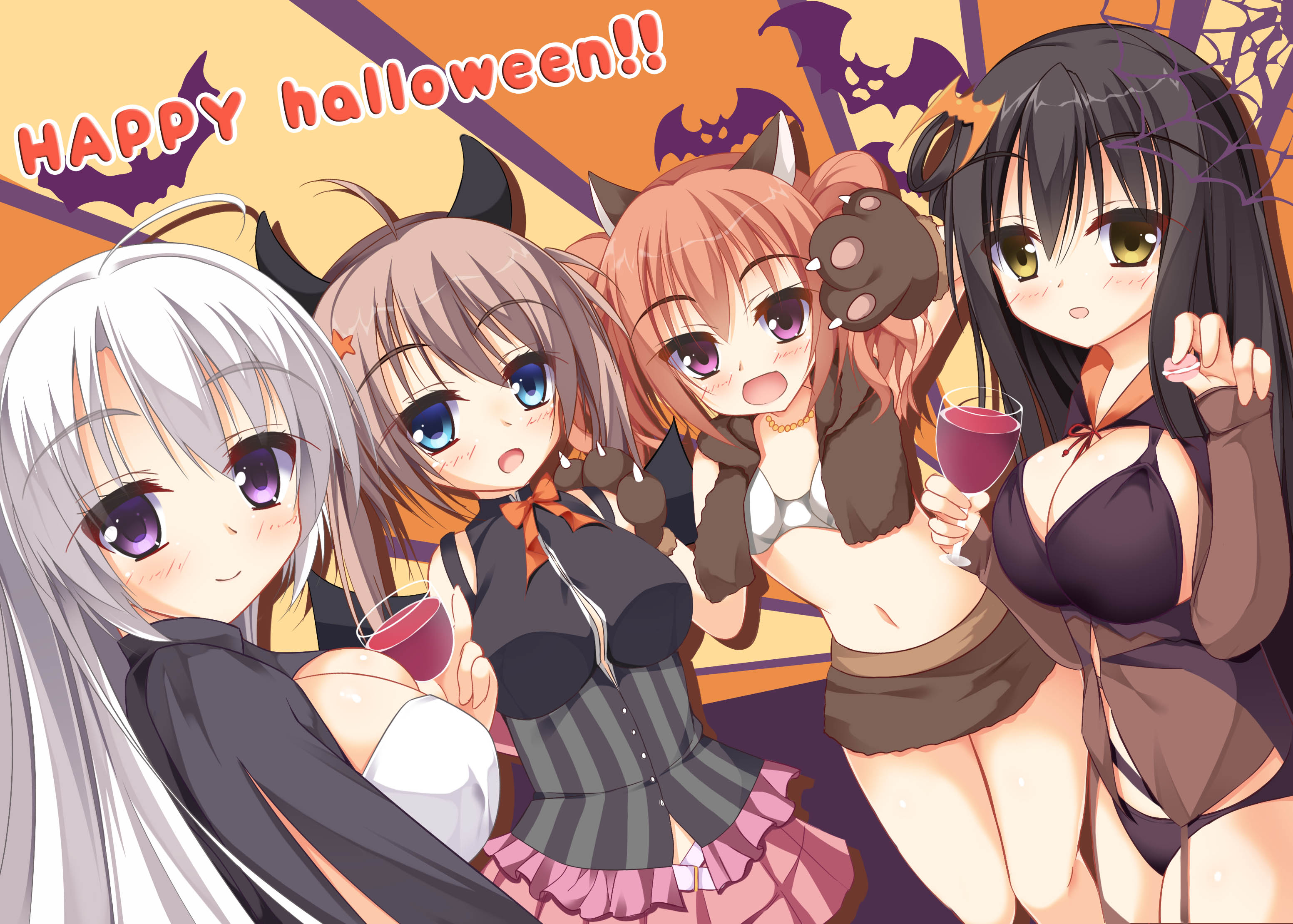 shrimp 3, ayachi nene, inaba meguru, shiiba tsumugi, togakushi touko, sanoba witch, commentary request, highres, 4girls, :d, ahoge, alcohol, animal ears, animal hands, bare shoulders, bat (animal), bat hair ornament, bikini, black bikini, black cape, black hair, black shirt, blue eyes, blush, bow, bowtie, bra, breasts, brown hair, brown skirt, brown vest, cape, cleavage, closed mouth, cowboy shot, cup, demon costume, drinking glass, drop shadow, dutch angle, fake animal ears, fake horns, food, gloves, grey hair, hair ornament, halloween, hand on another's shoulder, hands up, happy, happy halloween, holding, holding cup, holding food, horns, jewelry, large breasts, looking at viewer, macaron, miniskirt, multiple girls, navel, necklace, official alternate costume, official alternate hairstyle, open clothes, open mouth, open vest, orange background, orange bow, orange bowtie, orange hair, paw gloves, purple eyes, shirt, sidelocks, silk, simple background, skirt, sleeveless, sleeveless shirt, sleeves past wrists, small breasts, smile, spider web, star (symbol), star hair ornament, stomach, swimsuit, twintails, two-tone background, underwear, vampire costume, vest, werewolf costume, white bra, wine, wine glass, witch, wolf ears, yellow background, yellow eyes