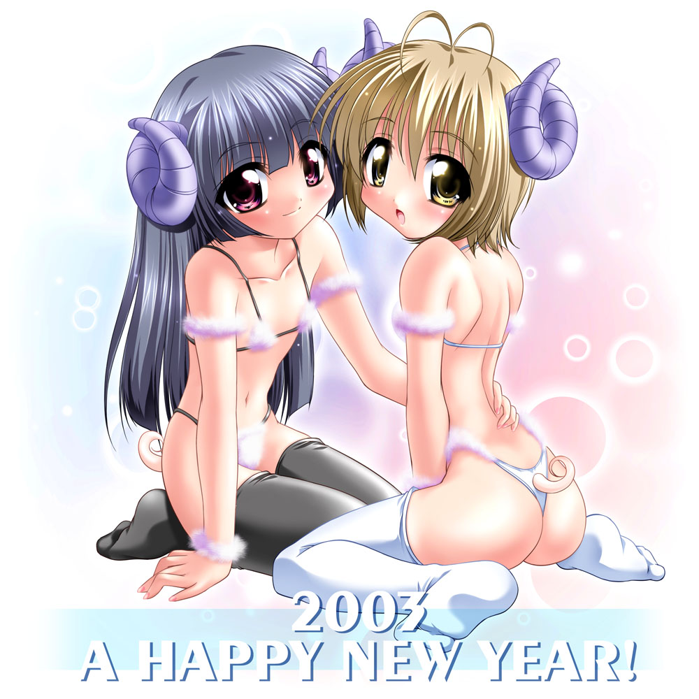 sorimura youji, original, 00s, 2003, 2girls, bikini, flat chest, happy new year, horns, kodomo doushi, lingerie, loli, micro bikini, multiple girls, new year, swimsuit, thighhighs, underwear, yuri