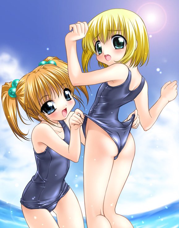 sorimura youji, original, 2girls, ass, clothes pull, giving wedgie, loli, multiple girls, one-piece swimsuit, one-piece swimsuit pull, school swimsuit, swimsuit, wedgie
