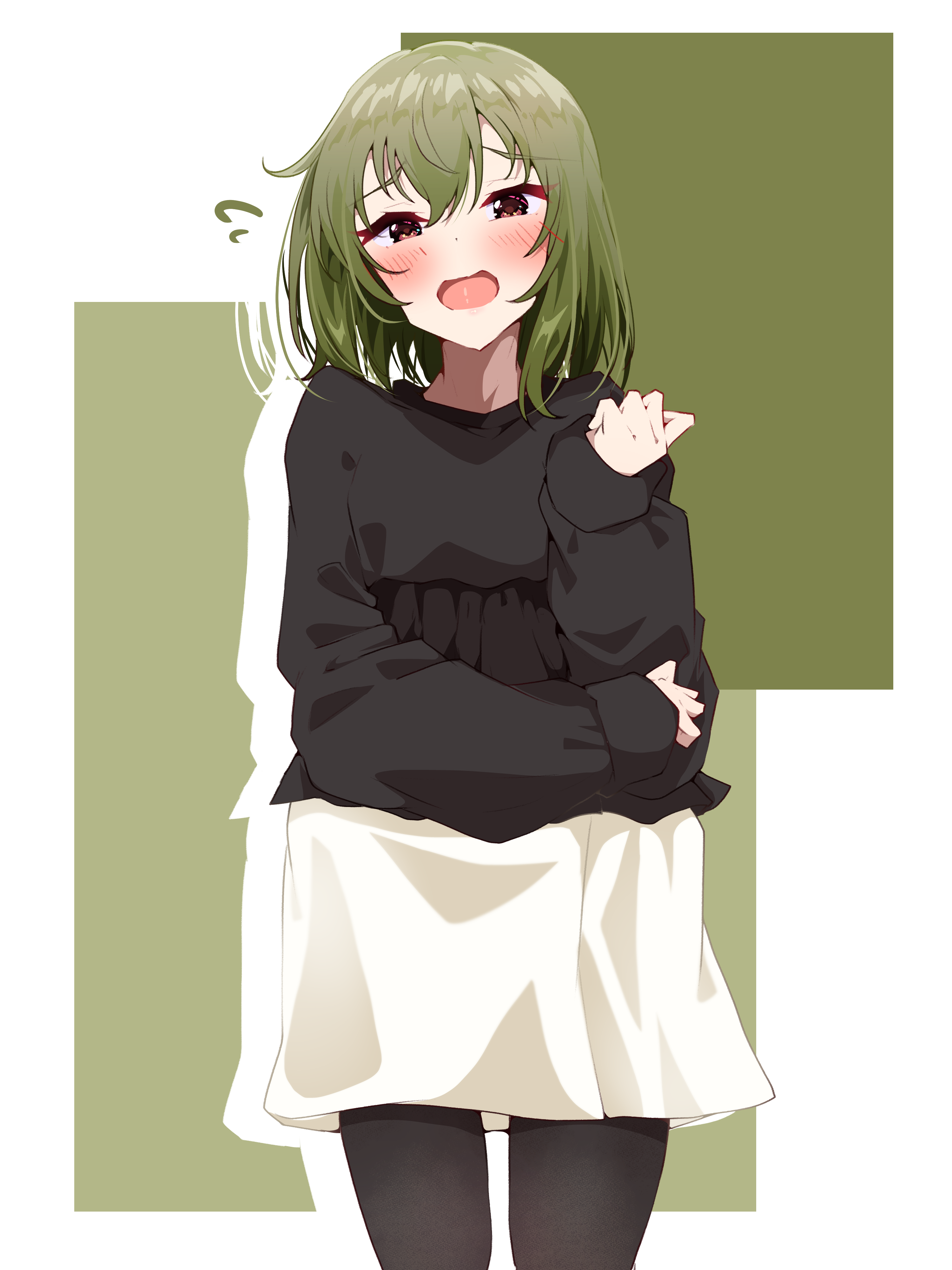 clark grimms, nagayoshi subaru, idolmaster, idolmaster million live!, absurdres, highres, 1girl, black pantyhose, black sweater, blush, brown eyes, cowboy shot, drop shadow, flying sweatdrops, green background, green hair, hand up, long sleeves, looking at viewer, medium hair, open mouth, pantyhose, simple background, skirt, solo, standing, sweater, white background, white skirt