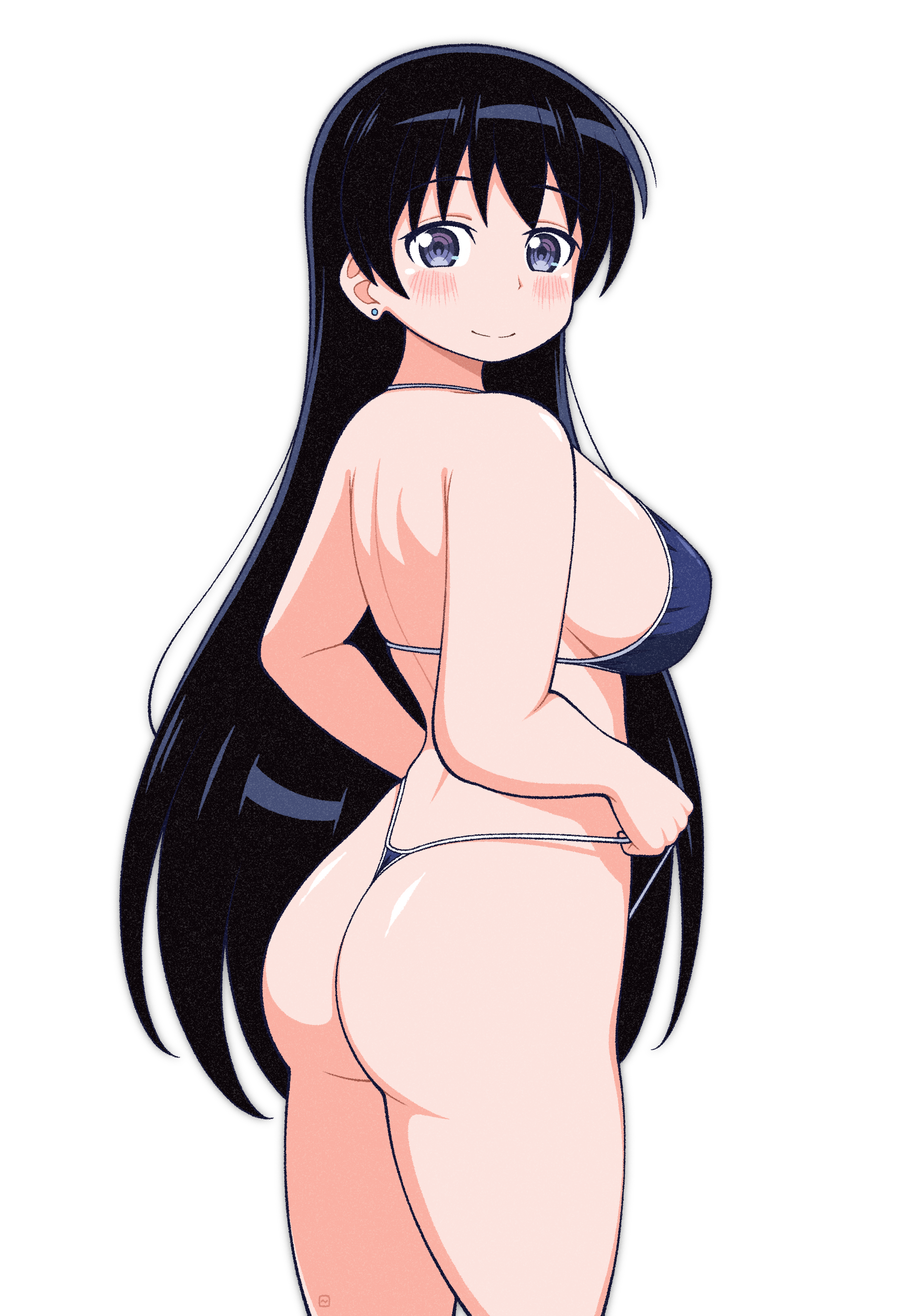 dokadayo, arato nagi, ruri no houseki, absurdres, commentary request, highres, 1girl, ass, back, bare arms, bikini, black hair, blue bikini, blush, breasts, closed mouth, earrings, jewelry, large breasts, long hair, looking at viewer, purple eyes, shoulder blades, sideboob, sidelocks, simple background, smile, solo, standing, stud earrings, swimsuit, very long hair, white background