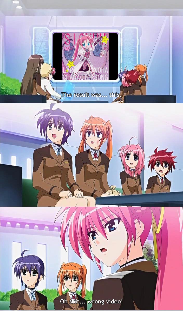 caro ru lushe, erio mondial, shamal, shario finieno, signum, subaru nakajima, teana lanster, lucky star, lyrical nanoha, mahou shoujo lyrical nanoha, mahou shoujo lyrical nanoha strikers, black legwear, white legwear, anime screenshot, third-party edit, 1boy, 6+girls, blonde hair, comic, fansub, multiple girls, pantyhose, parody, subtitled, thighhighs